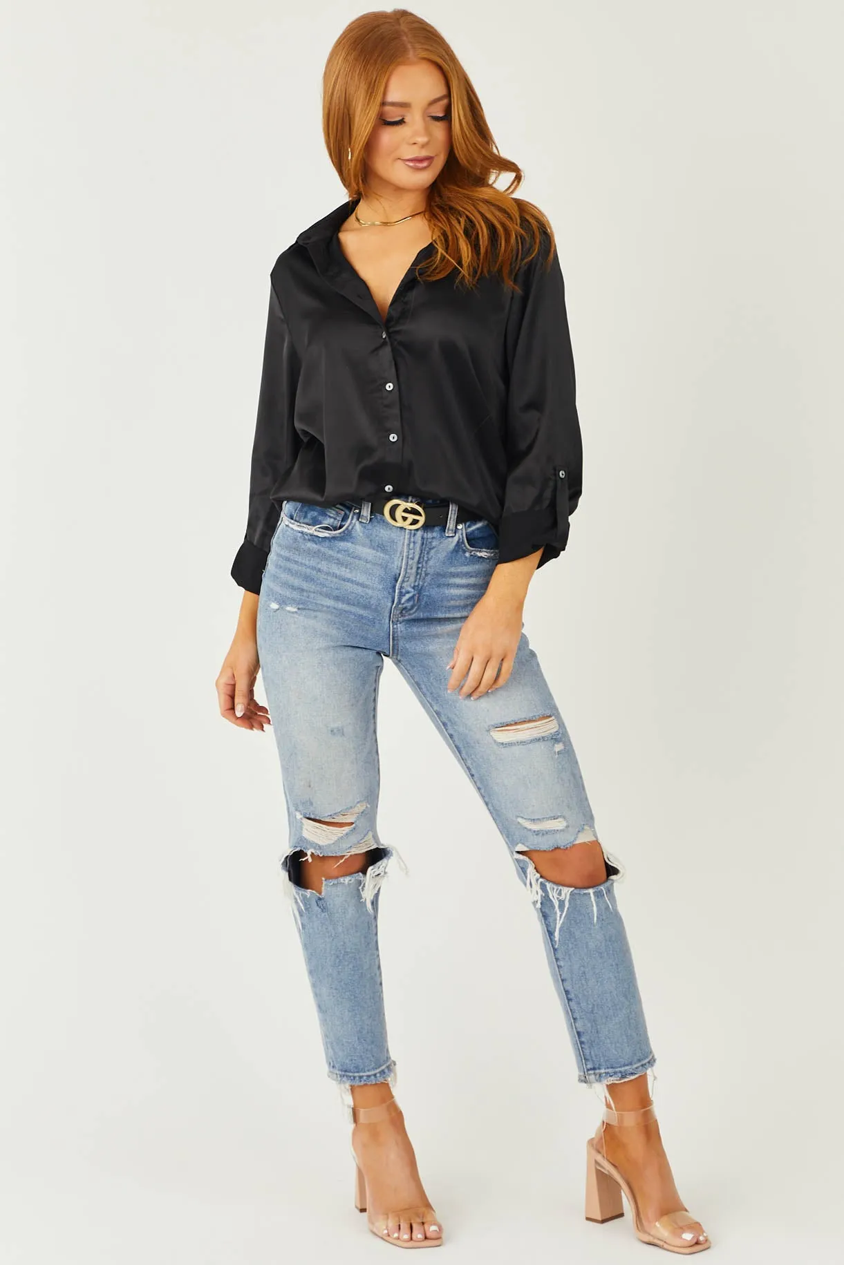 Mica Denim Medium Wash Frayed Hem Distressed Mom Jeans sold by Lime Lush product image thumbnail 3