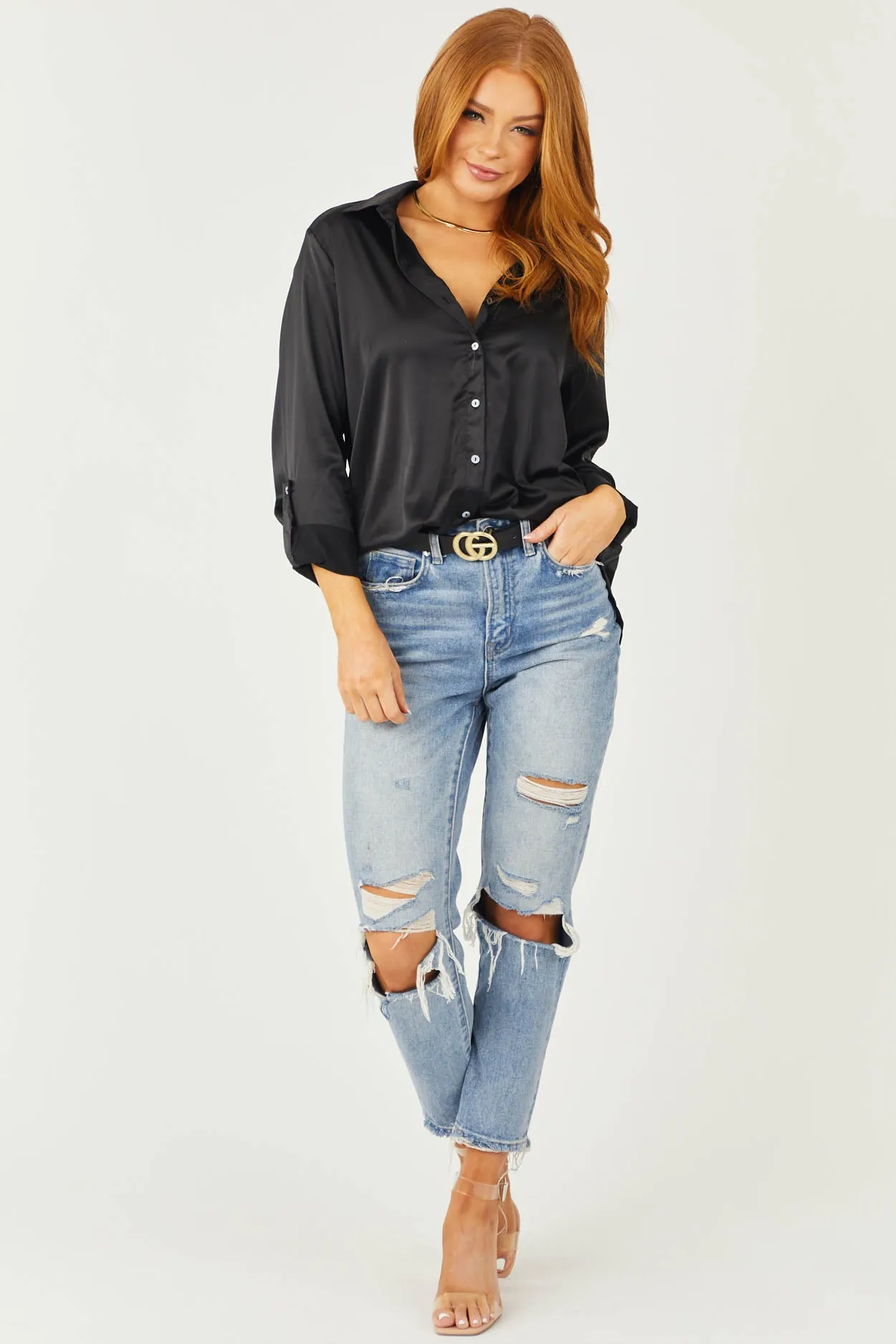 Mica Denim Medium Wash Frayed Hem Distressed Mom Jeans sold by Lime Lush product image thumbnail 2