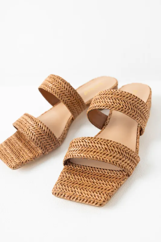 Cognac Raffia Woven Low Heel Sandals sold by Lime Lush