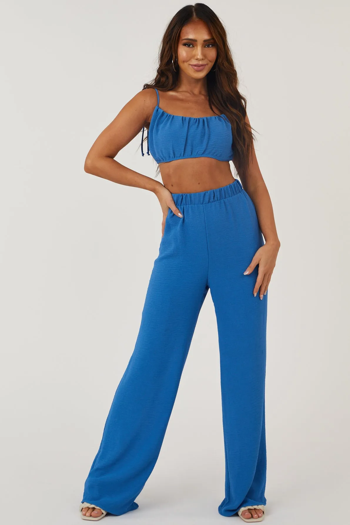 Sapphire Tie Strap Crop Top and Pants Set sold by Lime Lush