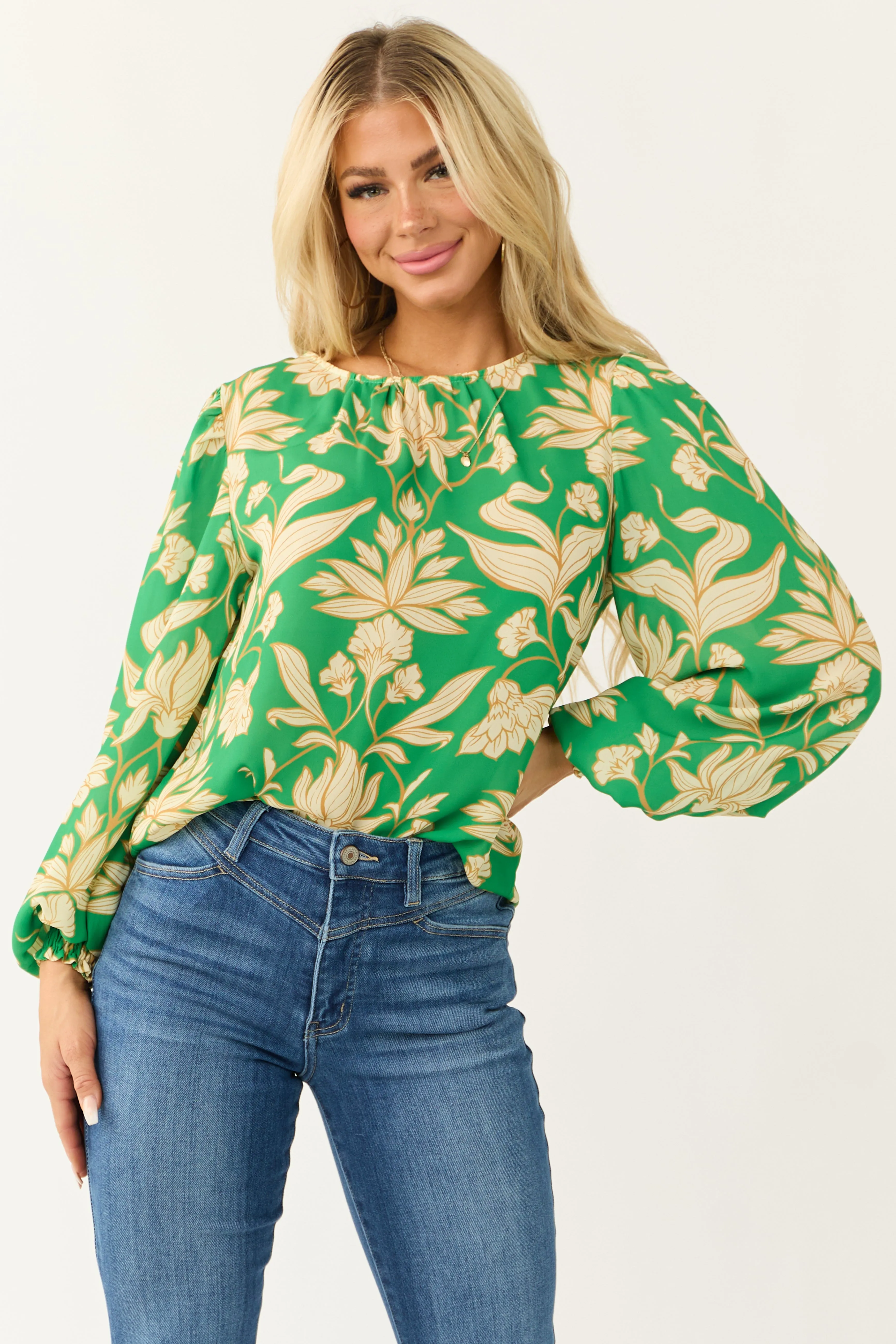 Flying Tomato Kelly Green Leaf Print Long Sleeve Top sold by Lime Lush