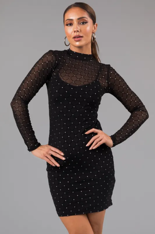 Black Rhinestone Mesh Mock Neck Mini Dress sold by Lime Lush