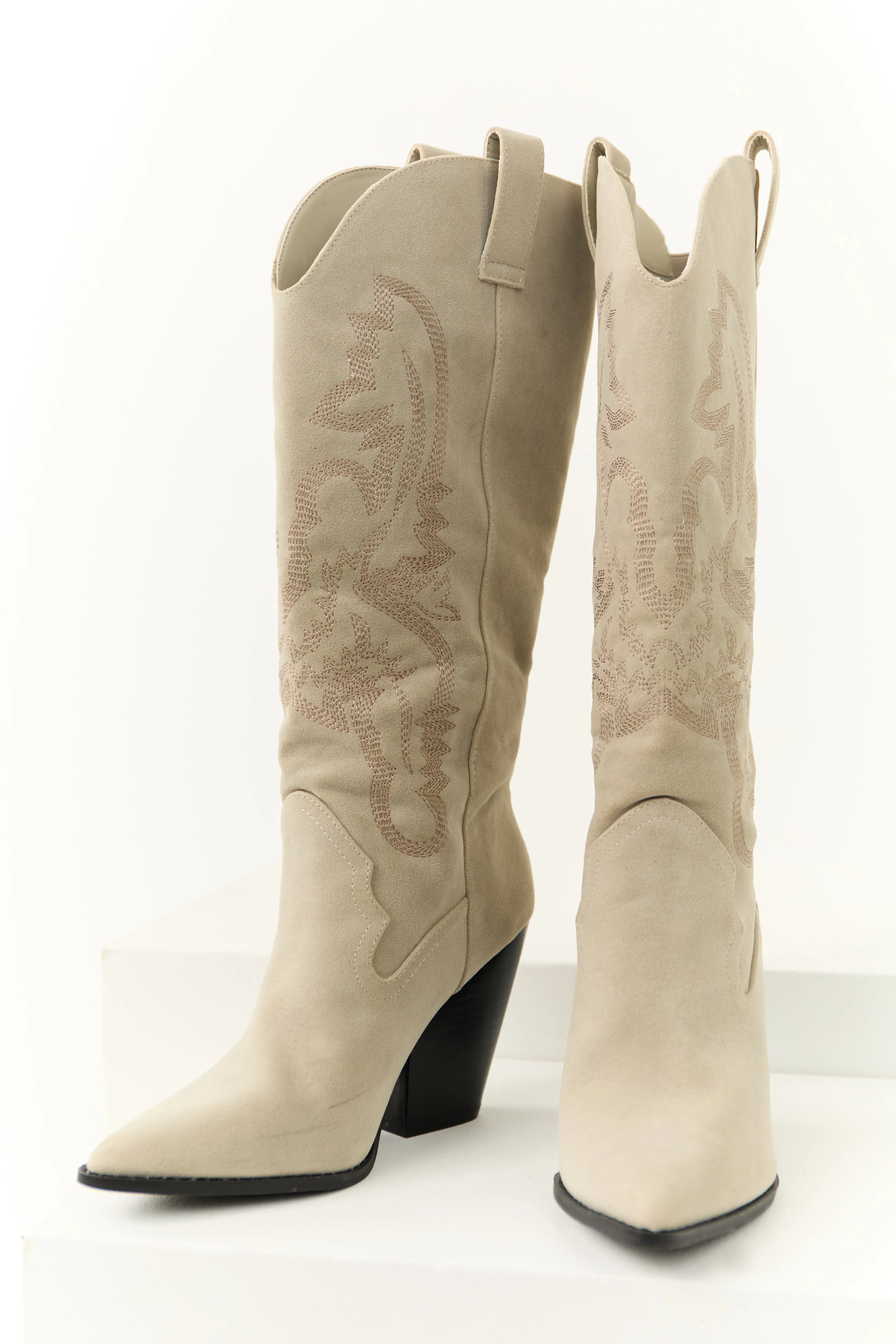 Light Steel Western Embroidered Heeled Boots sold by Lime Lush