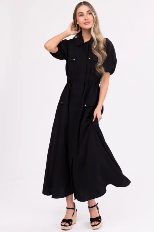 Black Zipper Front Maxi Shirt Dress sold by Lime Lush