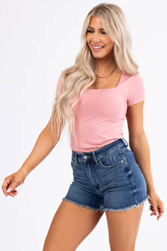 Dusty Blush Square Neck Short Sleeve Basic Top sold by Lime Lush