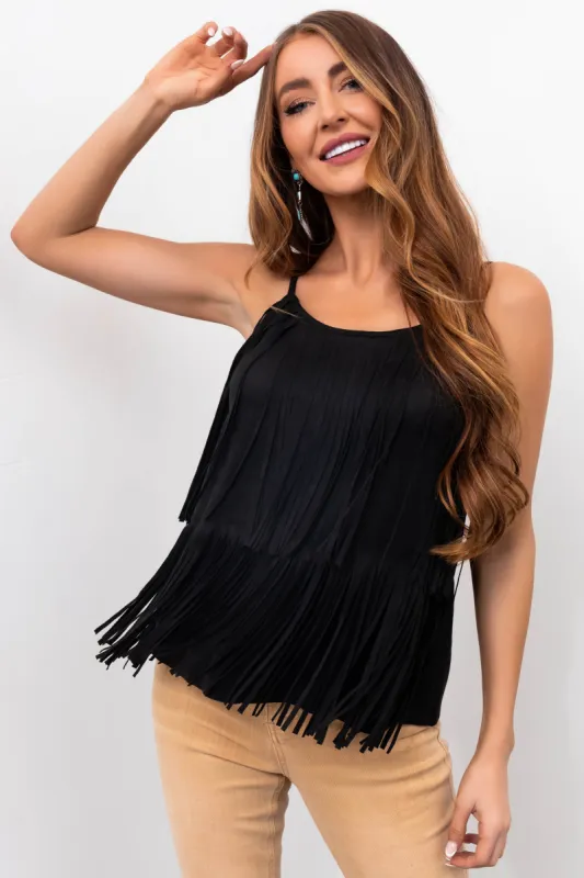 Black Fringe Adjustable Strap Suede Cami sold by Lime Lush