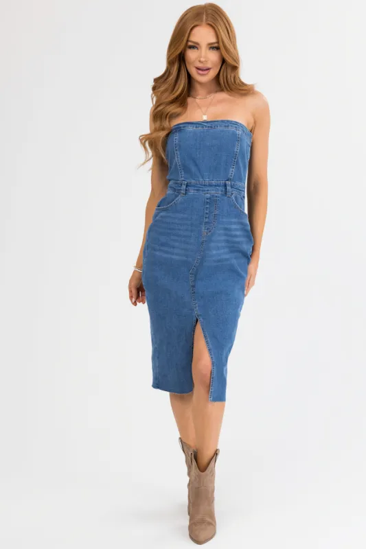 Medium Wash Denim Strapless Dress with Slit sold by Lime Lush