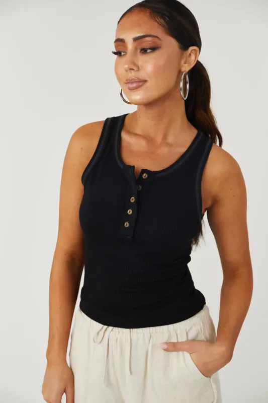 Black Ribbed Knit Henley Tank Top sold by Lime Lush