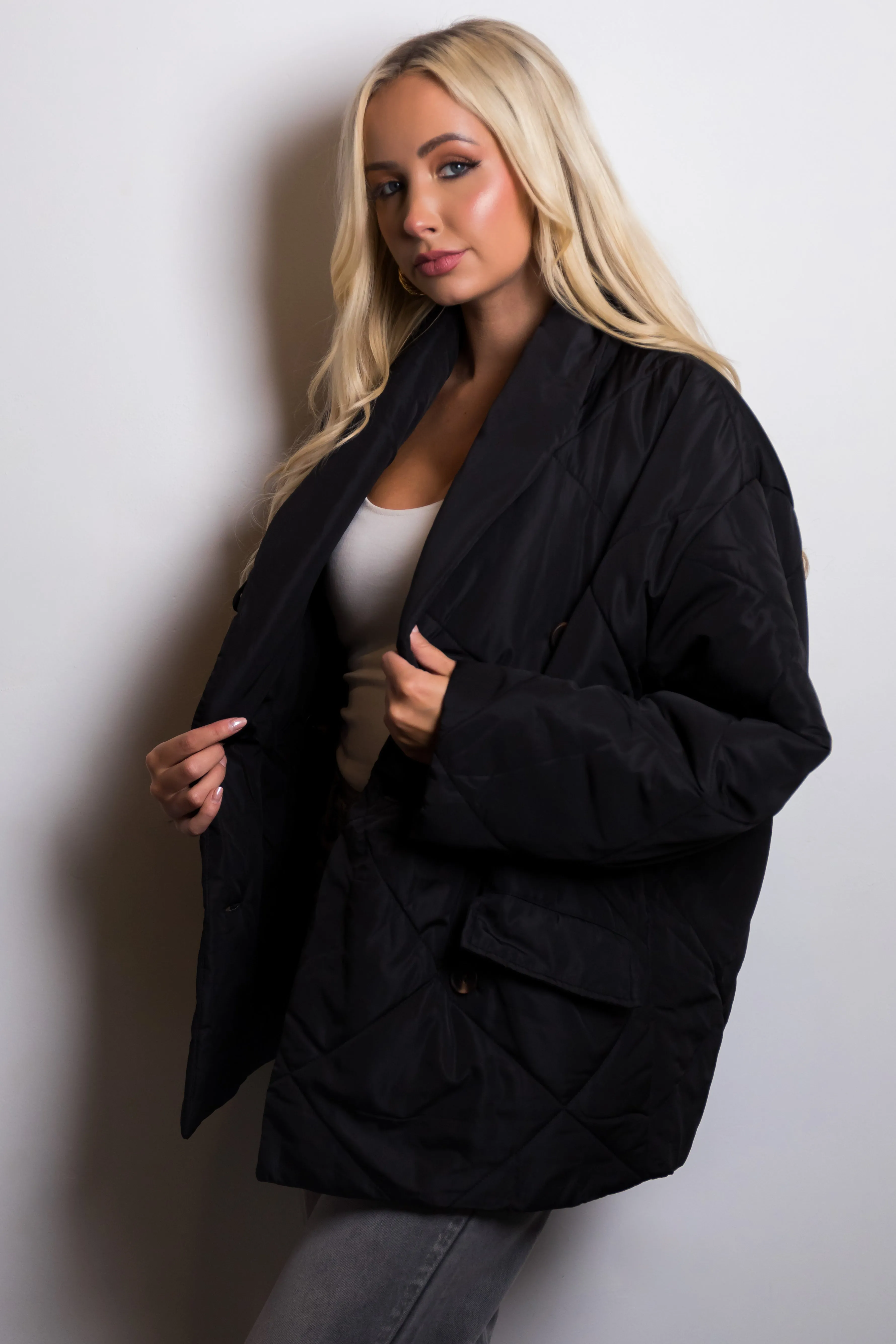 Black Quilted Double Button Down Coat Jacket sold by Lime Lush product image thumbnail 5