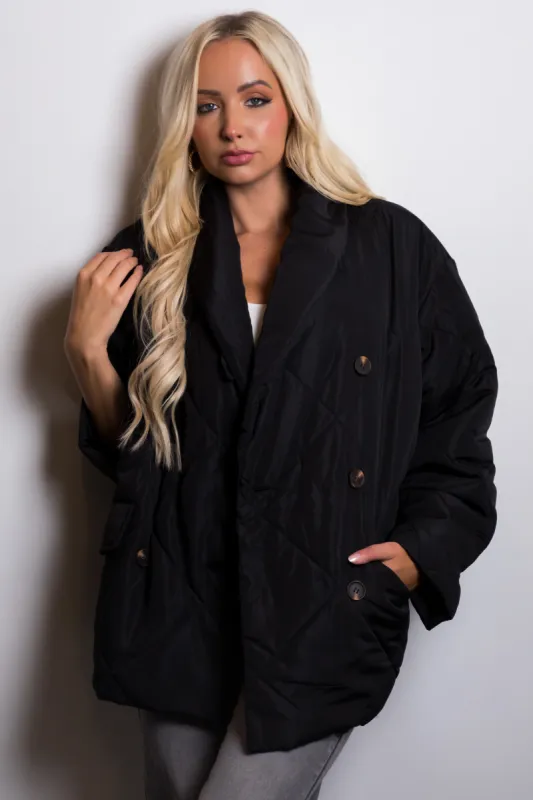 Black Quilted Double Button Down Coat Jacket sold by Lime Lush