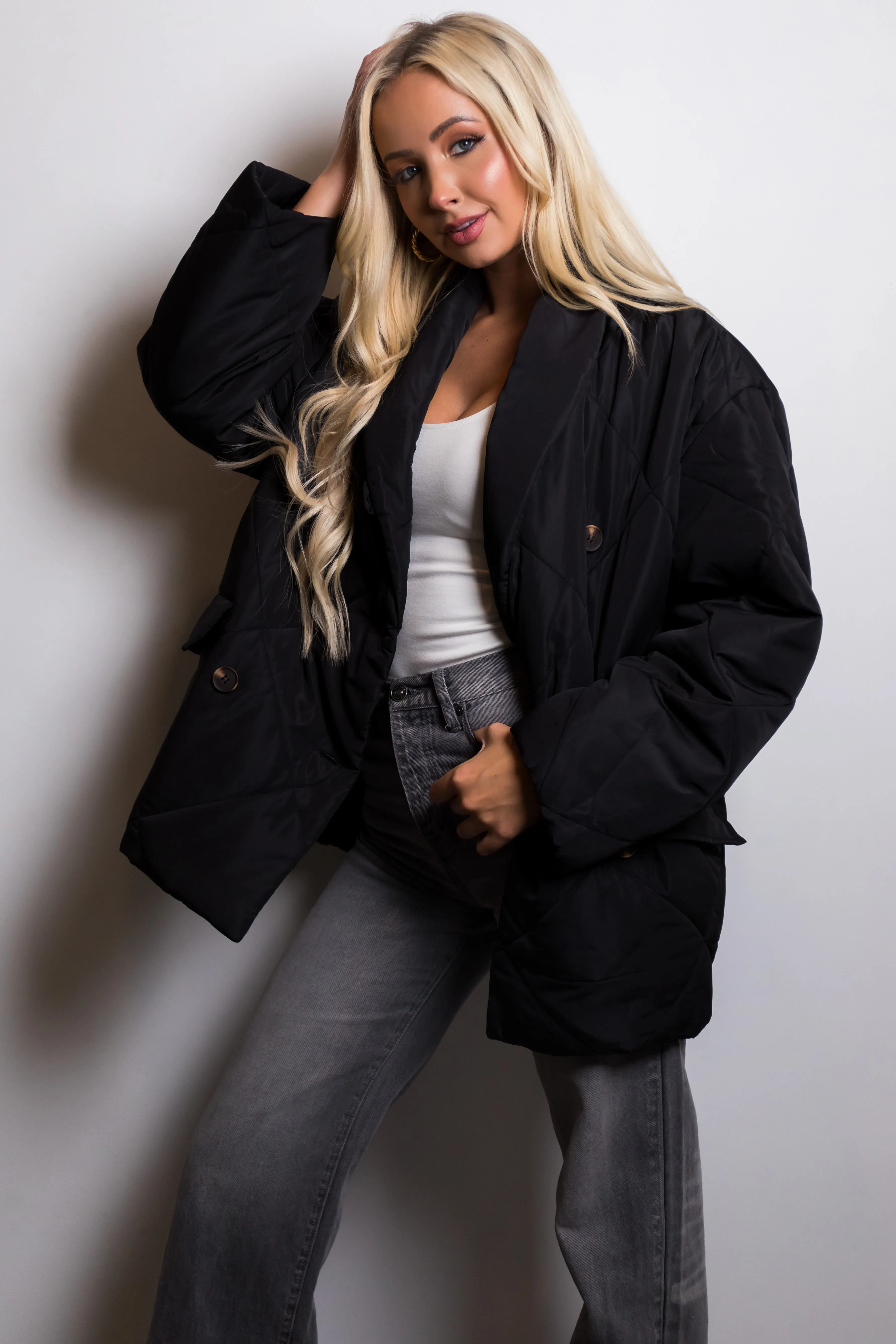 Black Quilted Double Button Down Coat Jacket sold by Lime Lush product image thumbnail 3