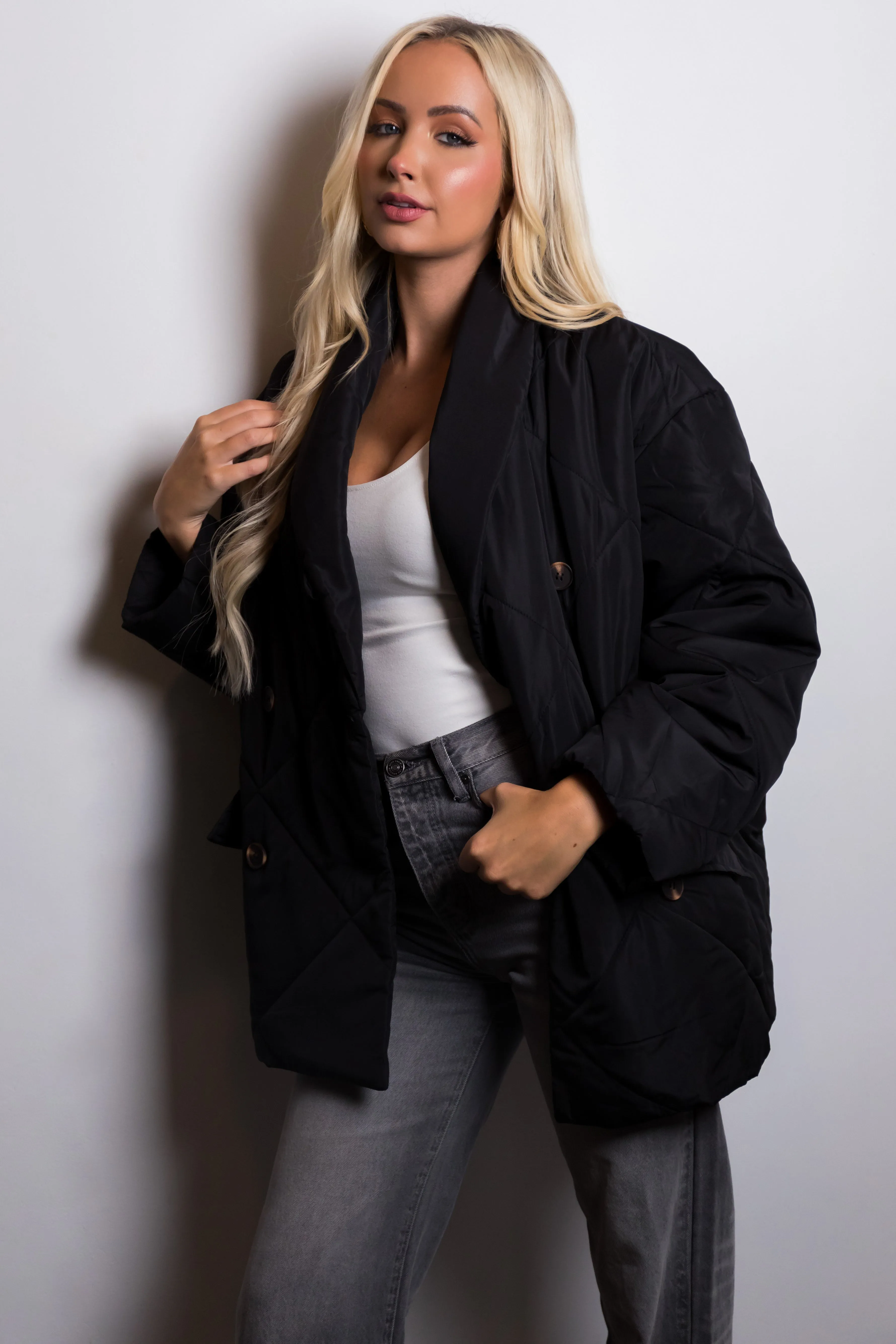 Black Quilted Double Button Down Coat Jacket sold by Lime Lush product image thumbnail 4