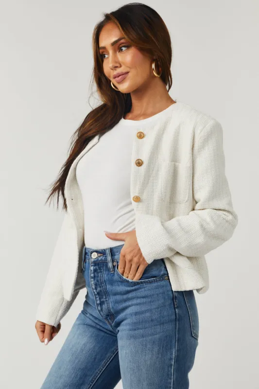 Off White Buttoned Tweed Jacket with Pockets sold by Lime Lush