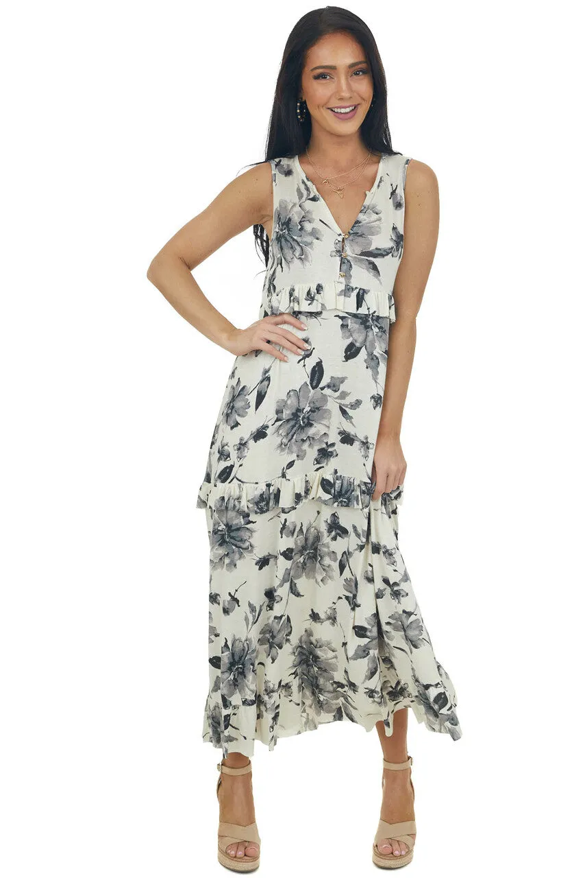 Champagne Floral Sleeveless Tiered Midi Dress sold by Lime Lush product image thumbnail 4