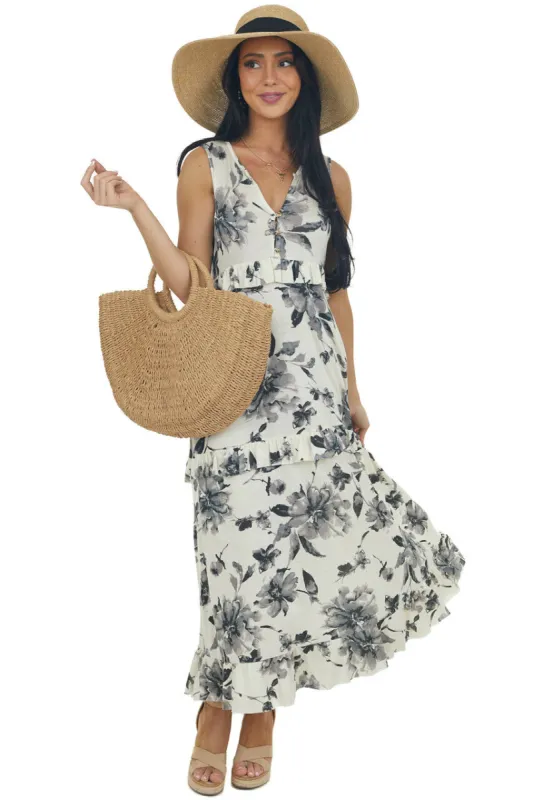 Champagne Floral Sleeveless Tiered Midi Dress sold by Lime Lush