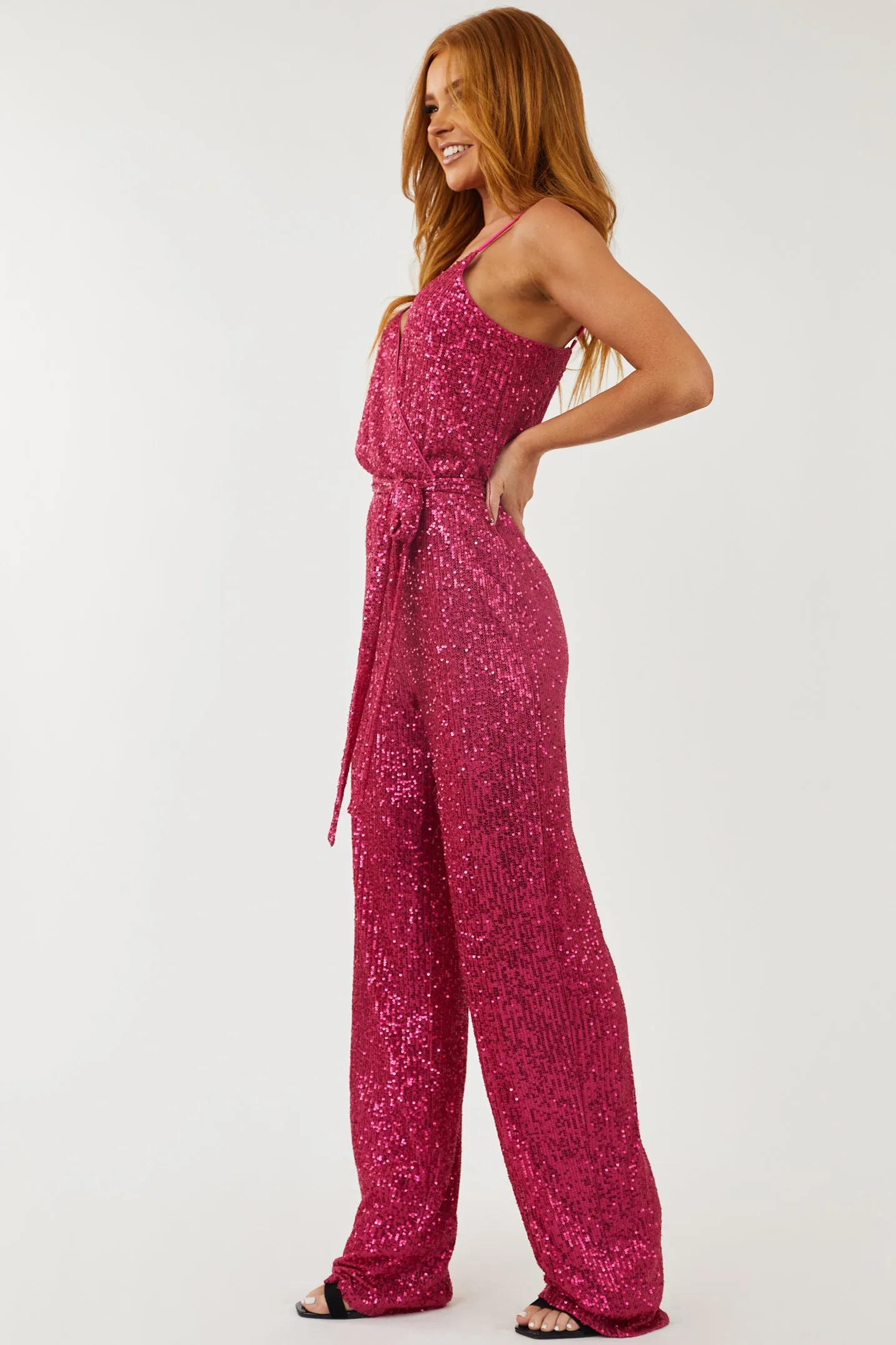 Magenta Sequined Wide Leg Surplice Jumpsuit sold by Lime Lush product image thumbnail 4