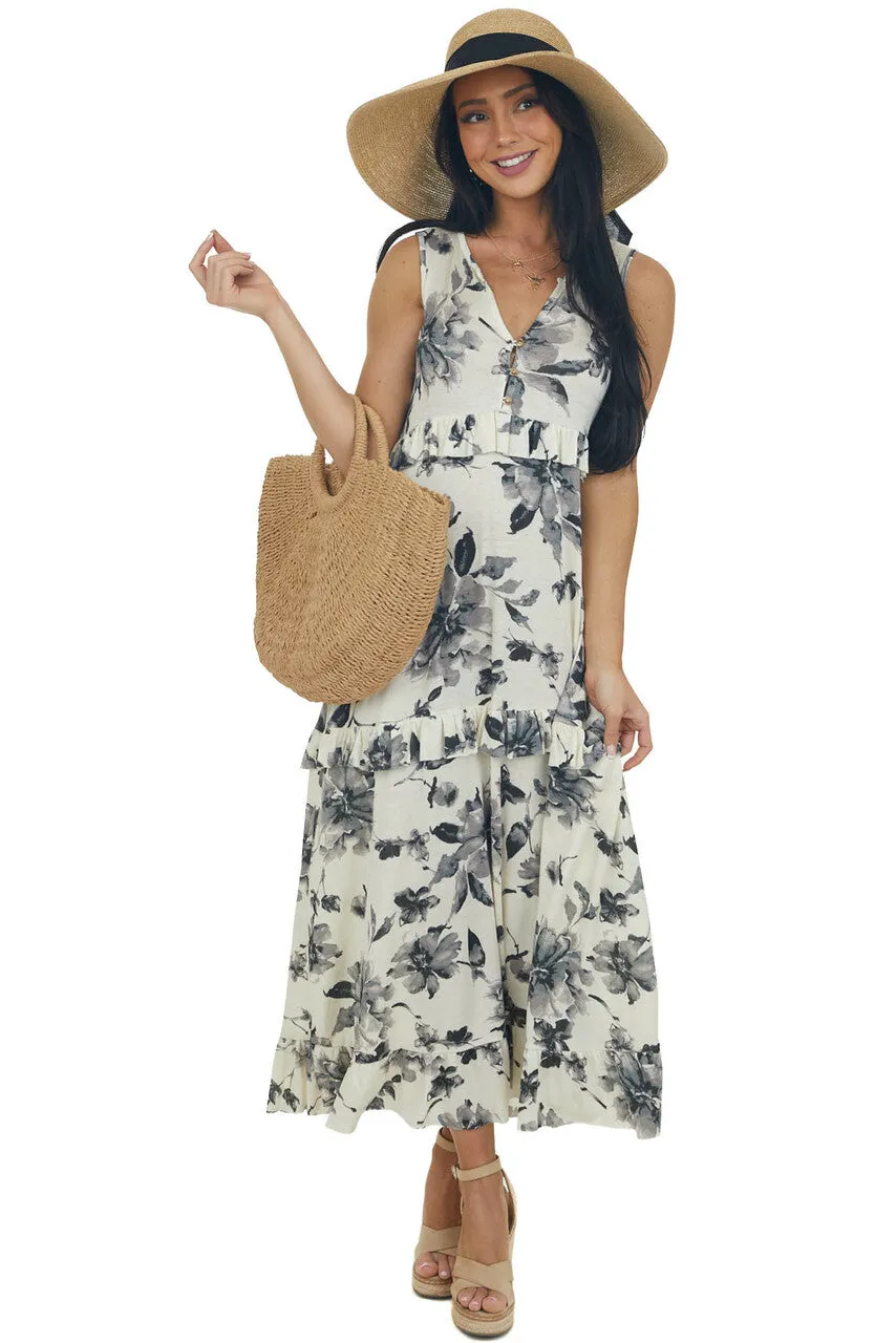 Champagne Floral Sleeveless Tiered Midi Dress sold by Lime Lush product image thumbnail 5