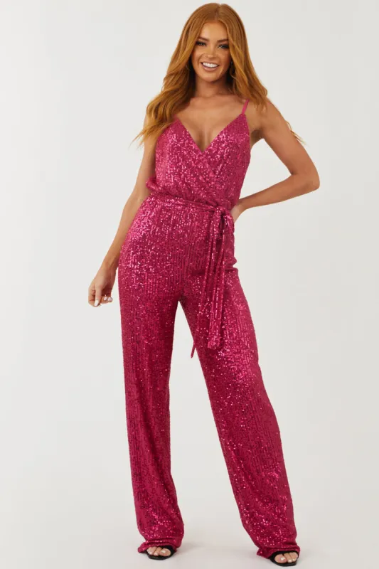 Magenta Sequined Wide Leg Surplice Jumpsuit sold by Lime Lush