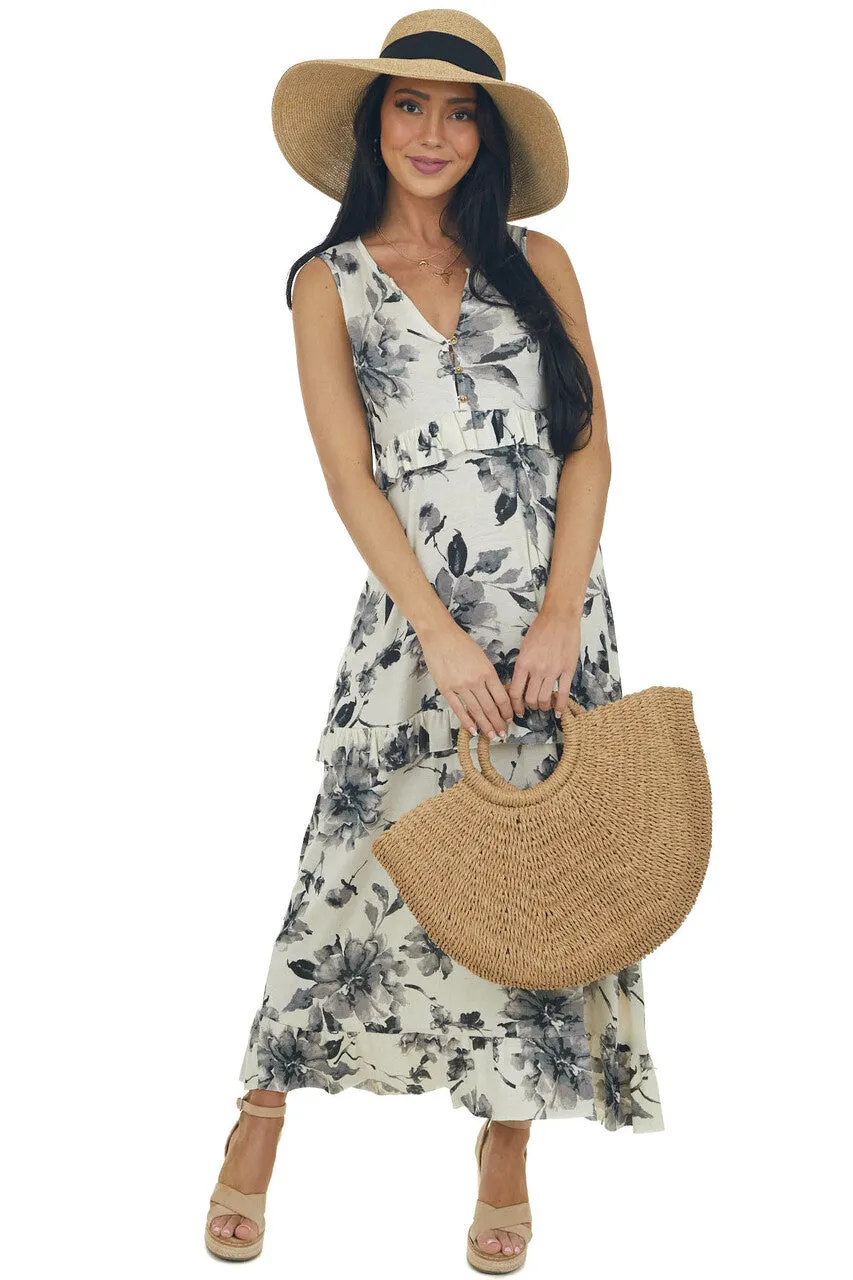 Champagne Floral Sleeveless Tiered Midi Dress sold by Lime Lush product image thumbnail 3