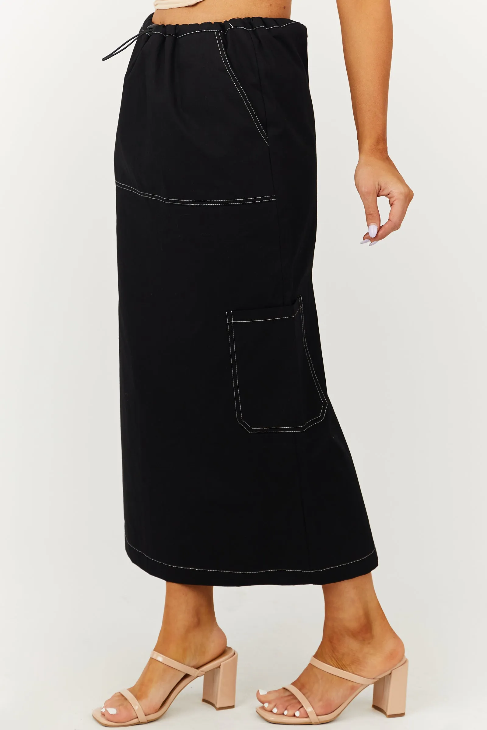 Black Cargo Midi Skirt with Contrast Stitching sold by Lime Lush product image thumbnail 3