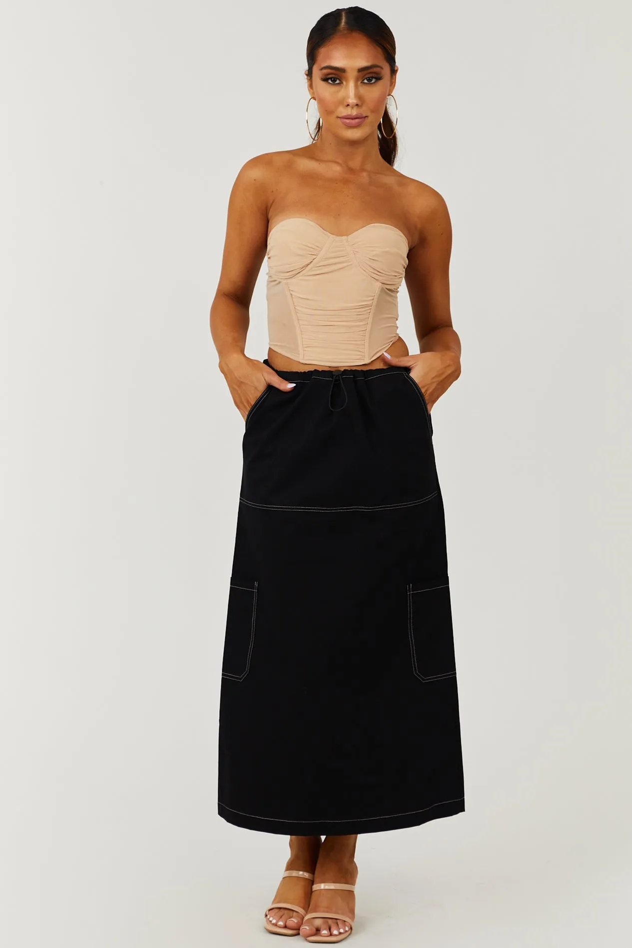 Black Cargo Midi Skirt with Contrast Stitching sold by Lime Lush product image thumbnail 2