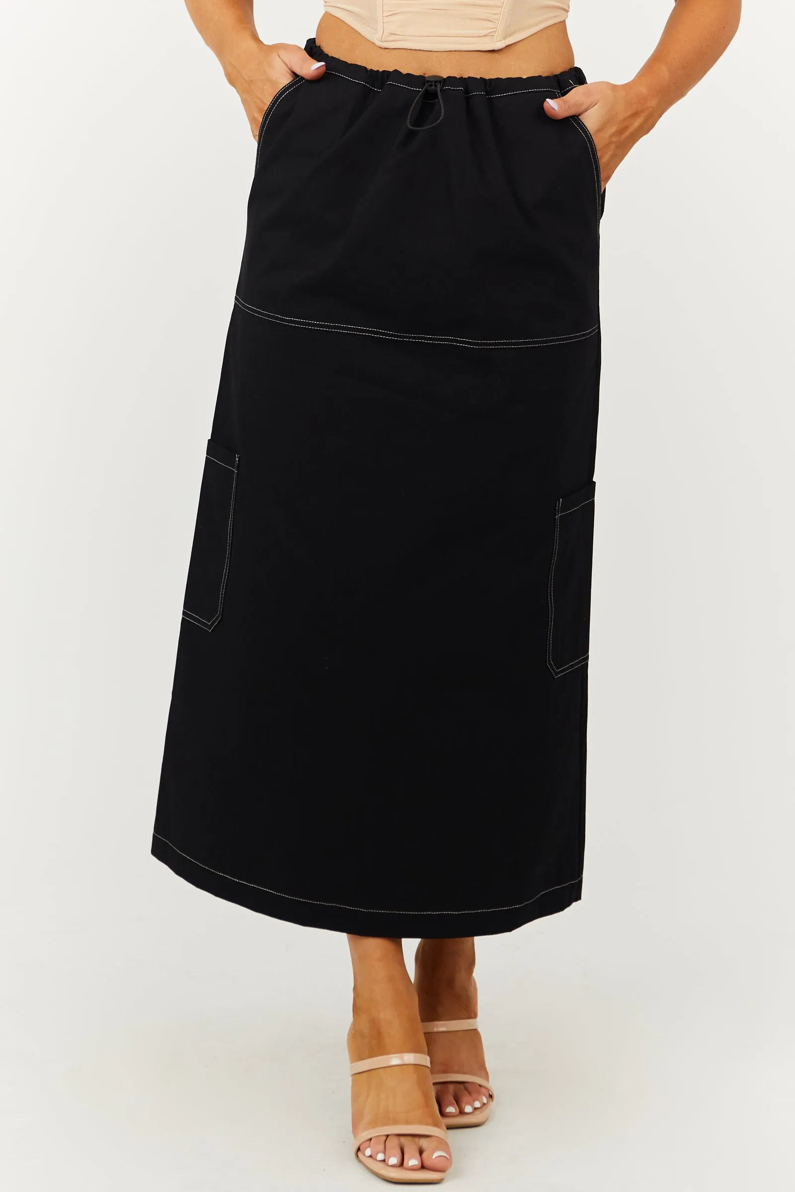 Black Cargo Midi Skirt with Contrast Stitching sold by Lime Lush
