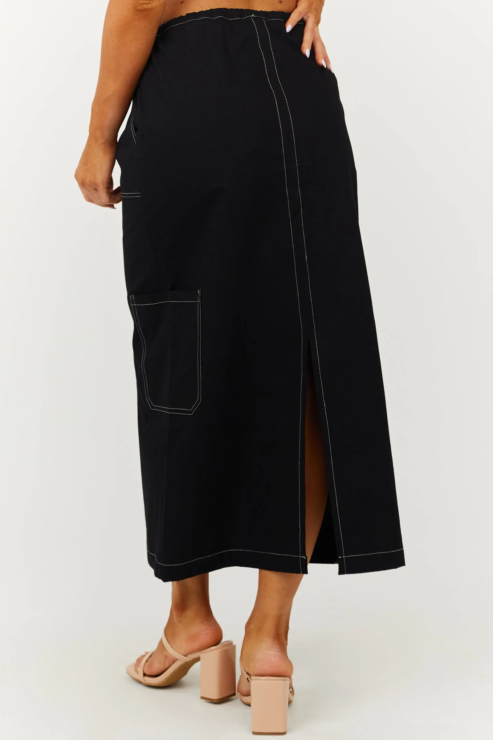 Black Cargo Midi Skirt with Contrast Stitching sold by Lime Lush product image thumbnail 4