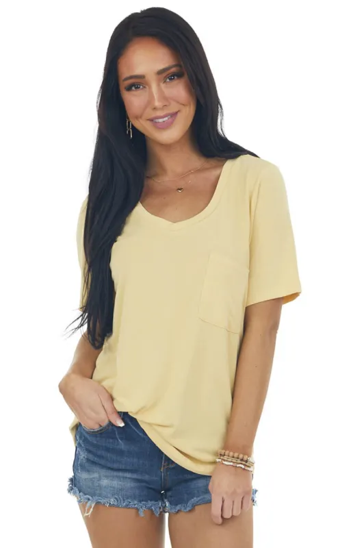Yellow Short Sleeve Chest Pocket Knit Top sold by Lime Lush