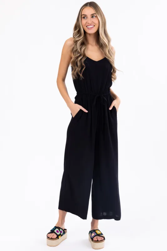 Black Sleeveless Waist Tie Wide Leg Jumpsuit sold by Lime Lush