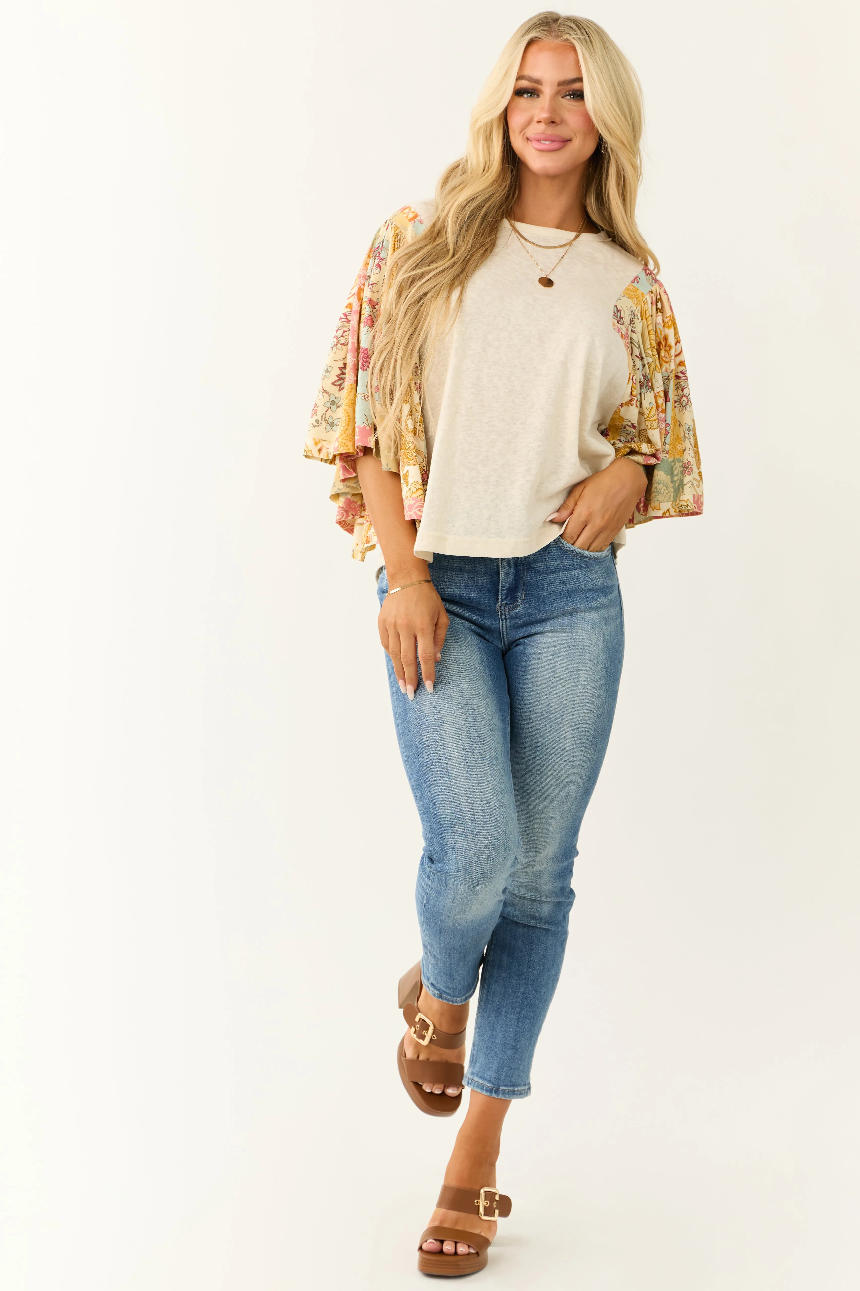 Cream Floral Print Oversized Flutter Sleeve Top sold by Lime Lush product image thumbnail 2