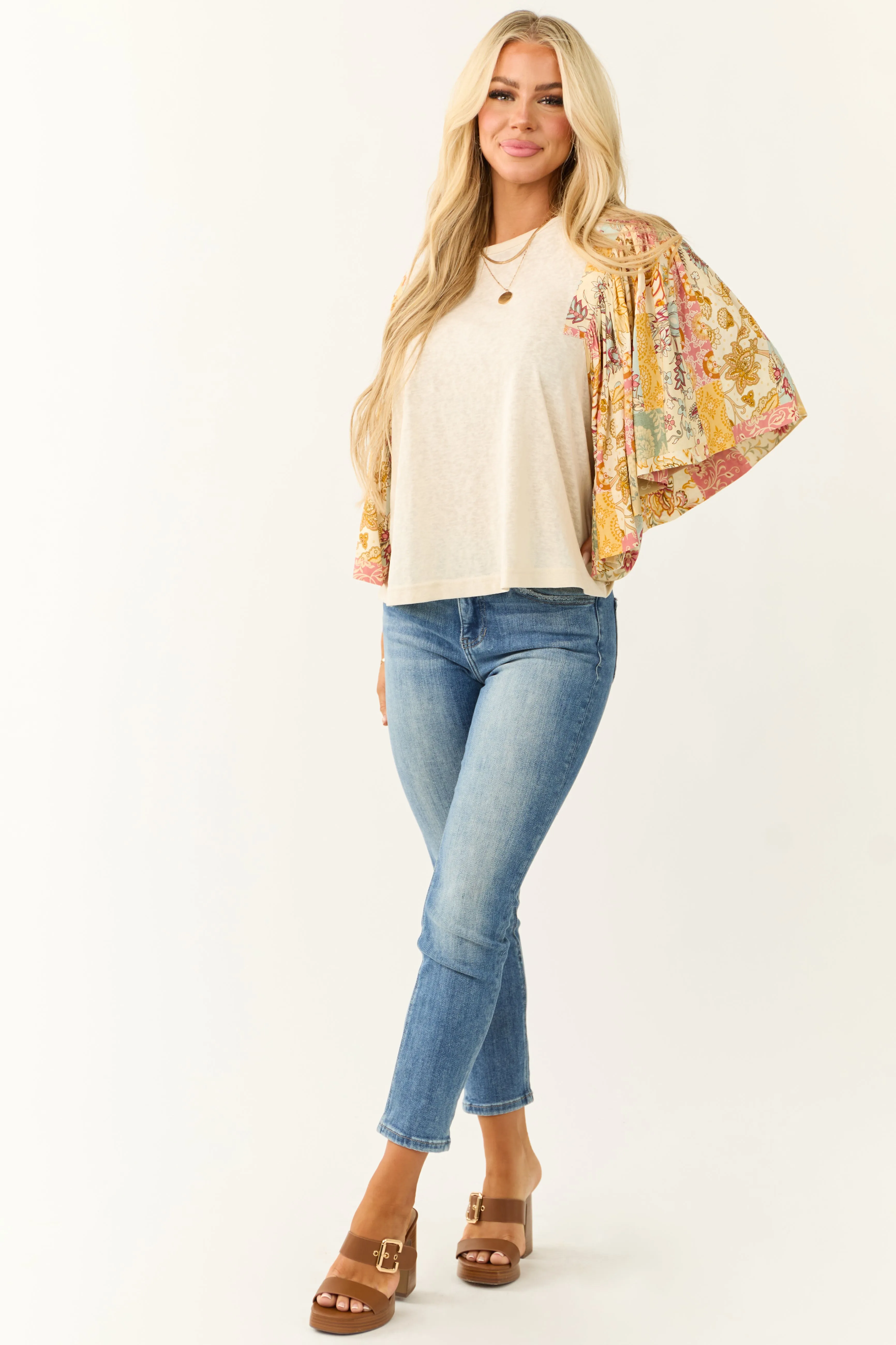 Cream Floral Print Oversized Flutter Sleeve Top sold by Lime Lush product image thumbnail 4