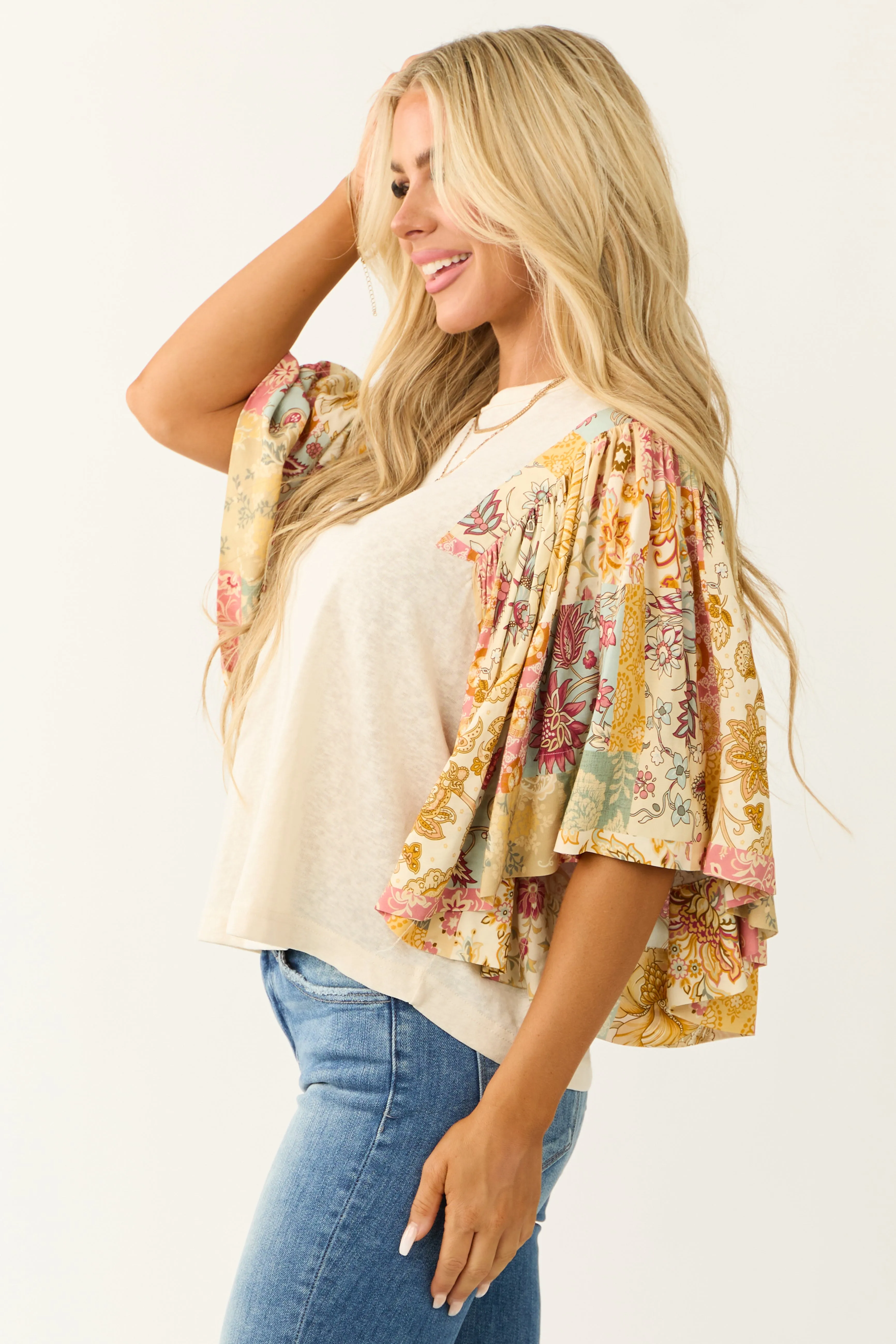 Cream Floral Print Oversized Flutter Sleeve Top sold by Lime Lush product image thumbnail 5