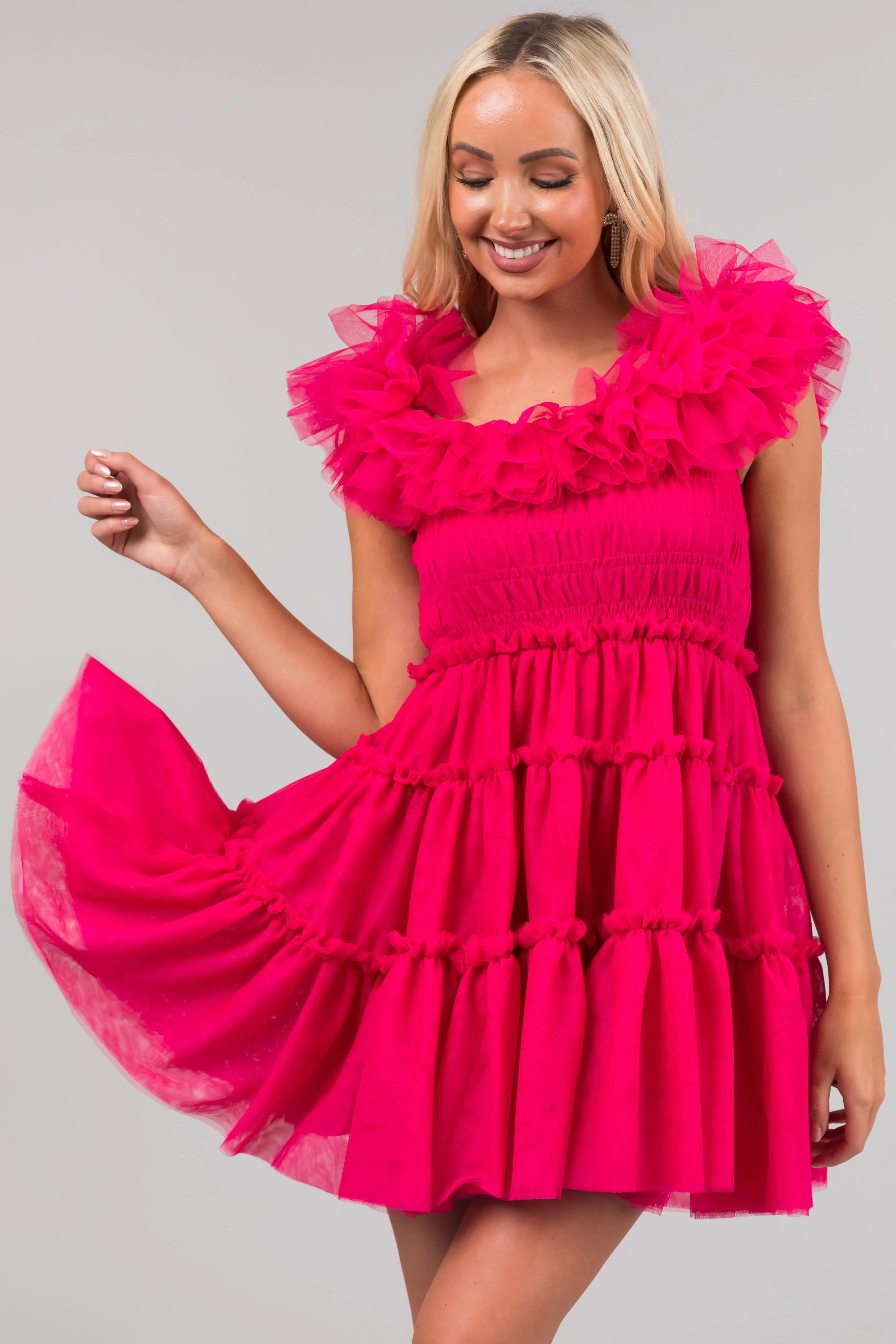 Raspberry Off the Shoulder Tiered Mini Dress sold by Lime Lush