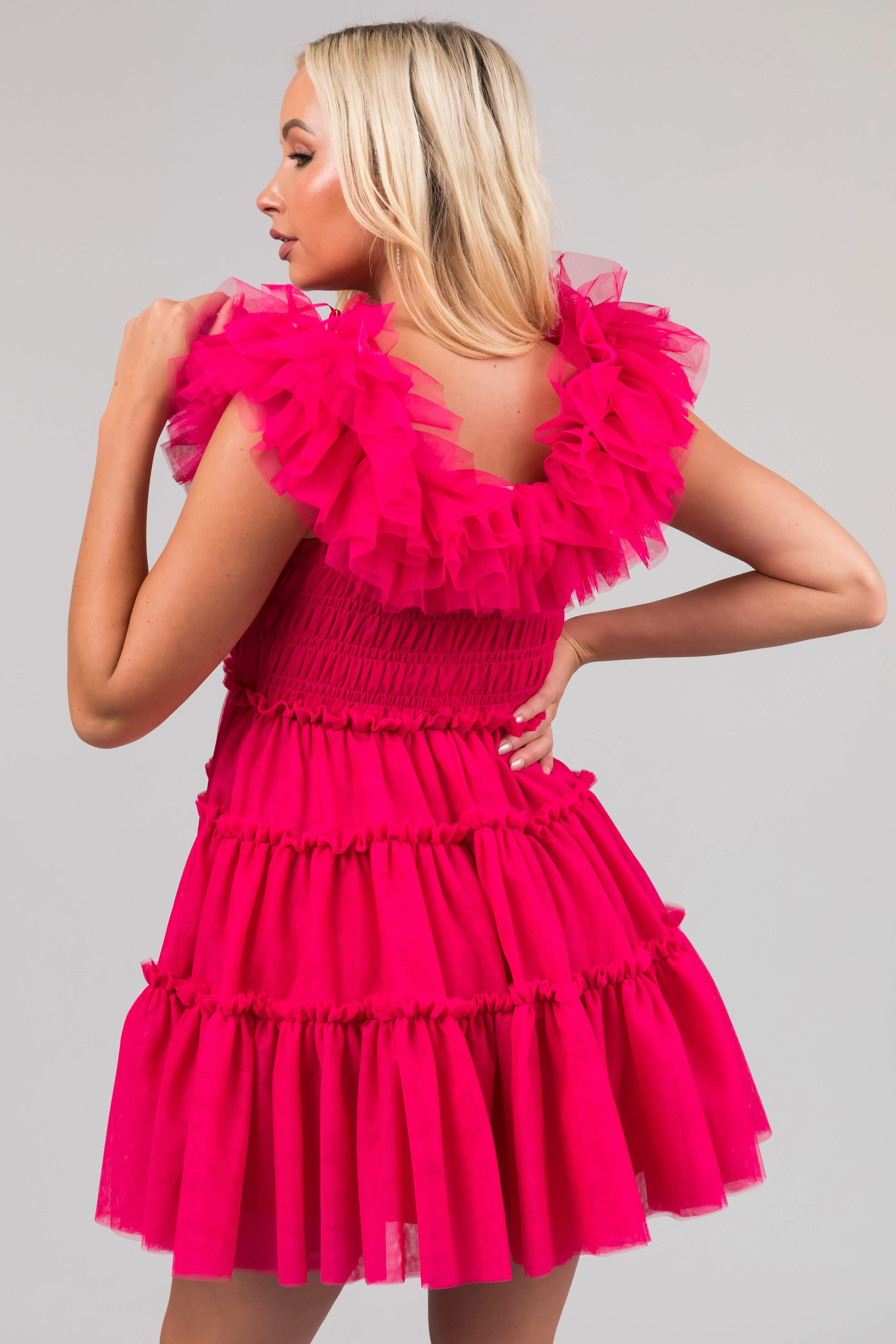Raspberry Off the Shoulder Tiered Mini Dress sold by Lime Lush product image thumbnail 4