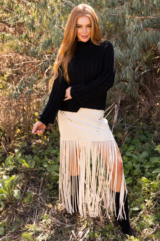 Vanilla Studded Soft Suede Long Fringe Skirt sold by Lime Lush