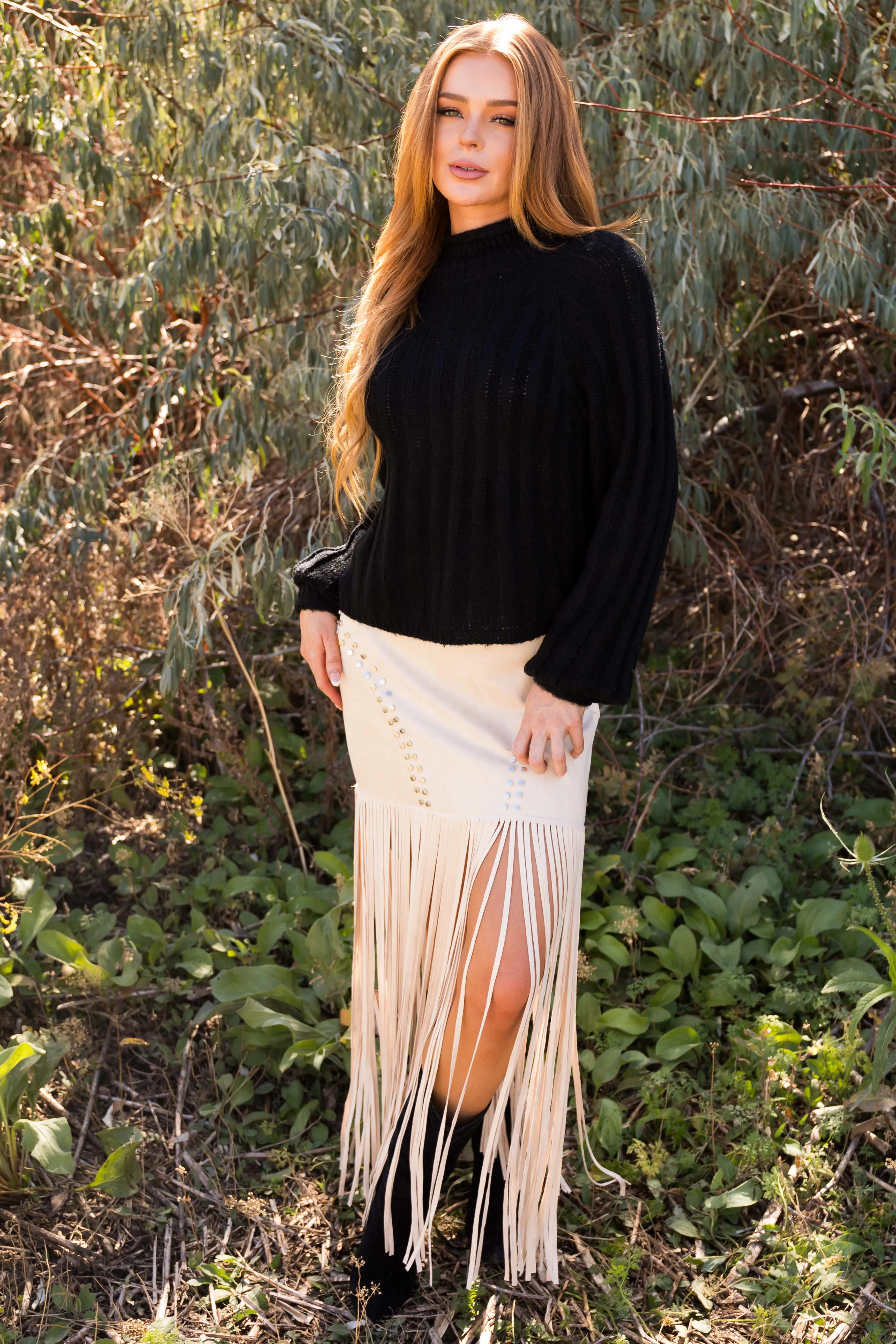 Vanilla Studded Soft Suede Long Fringe Skirt sold by Lime Lush product image thumbnail 5