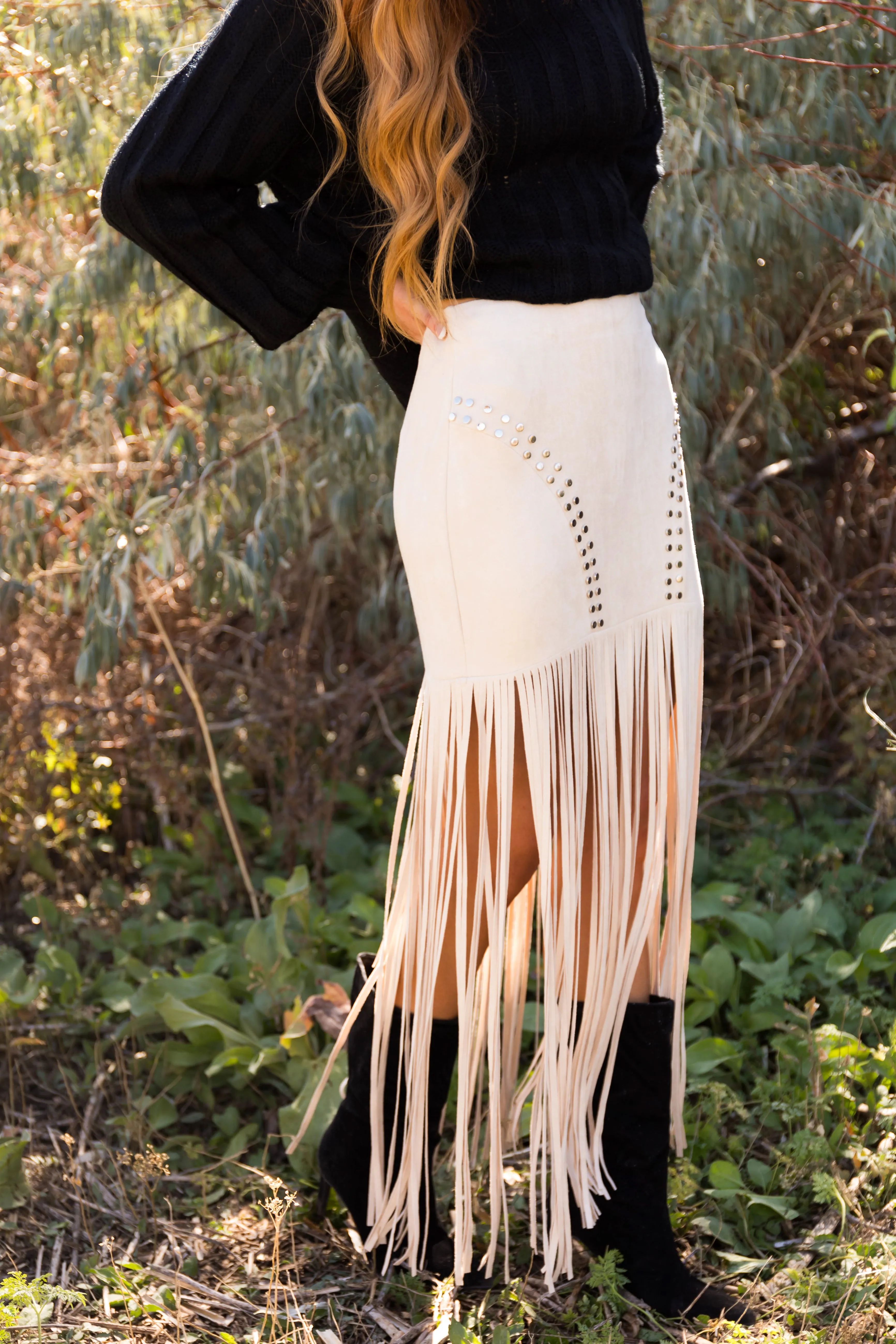 Vanilla Studded Soft Suede Long Fringe Skirt sold by Lime Lush product image thumbnail 3