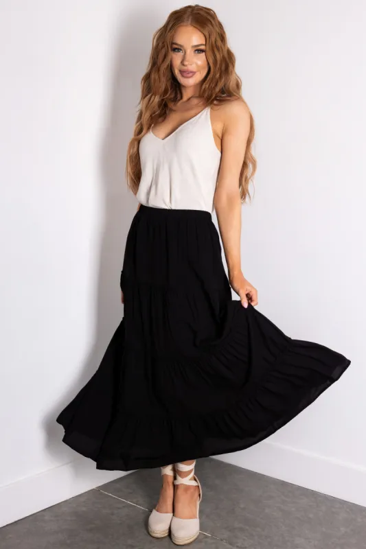 Black Tiered Elastic Waist Woven Maxi Skirt sold by Lime Lush