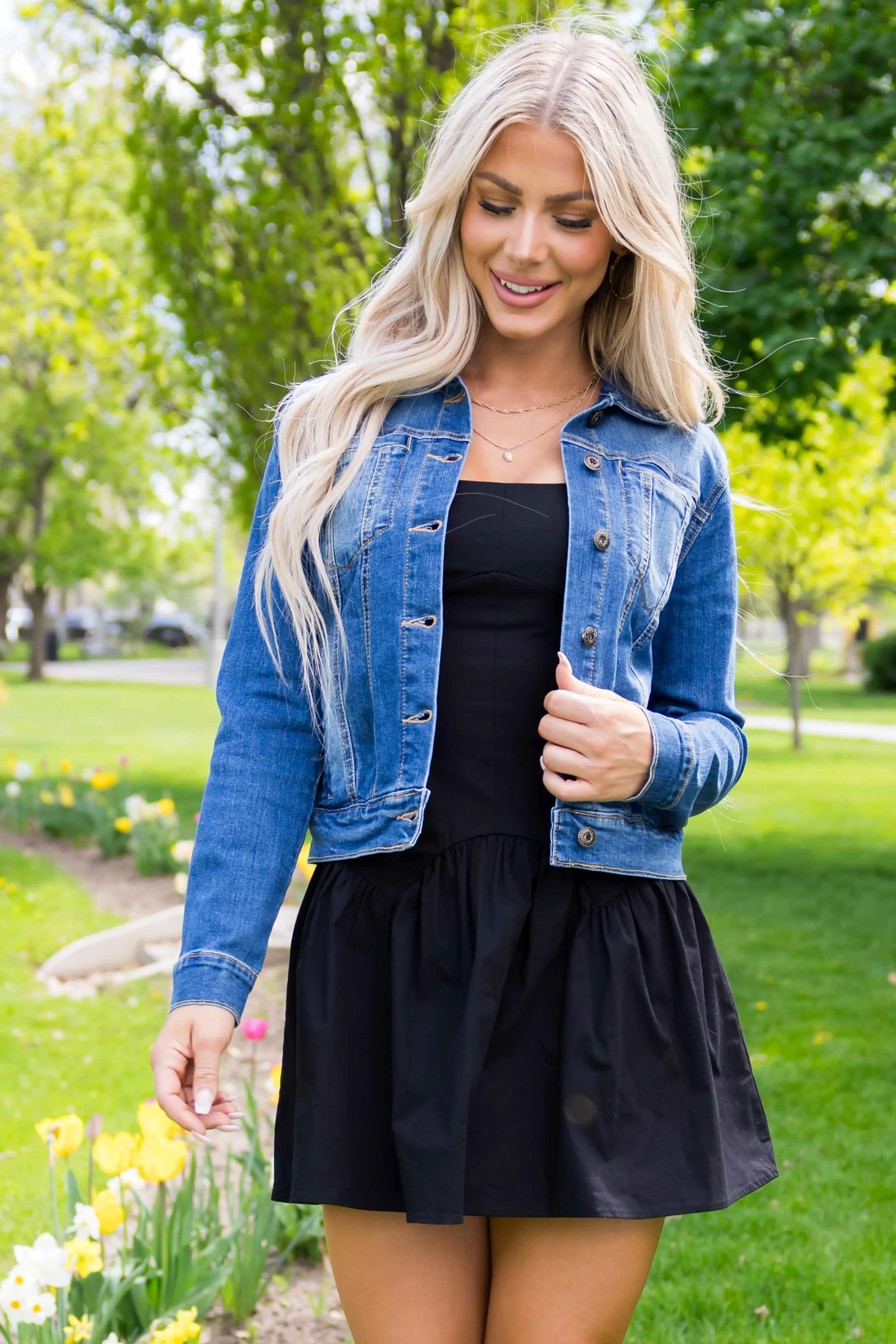 Medium Wash Long Sleeve Button Up Denim Jacket sold by Lime Lush