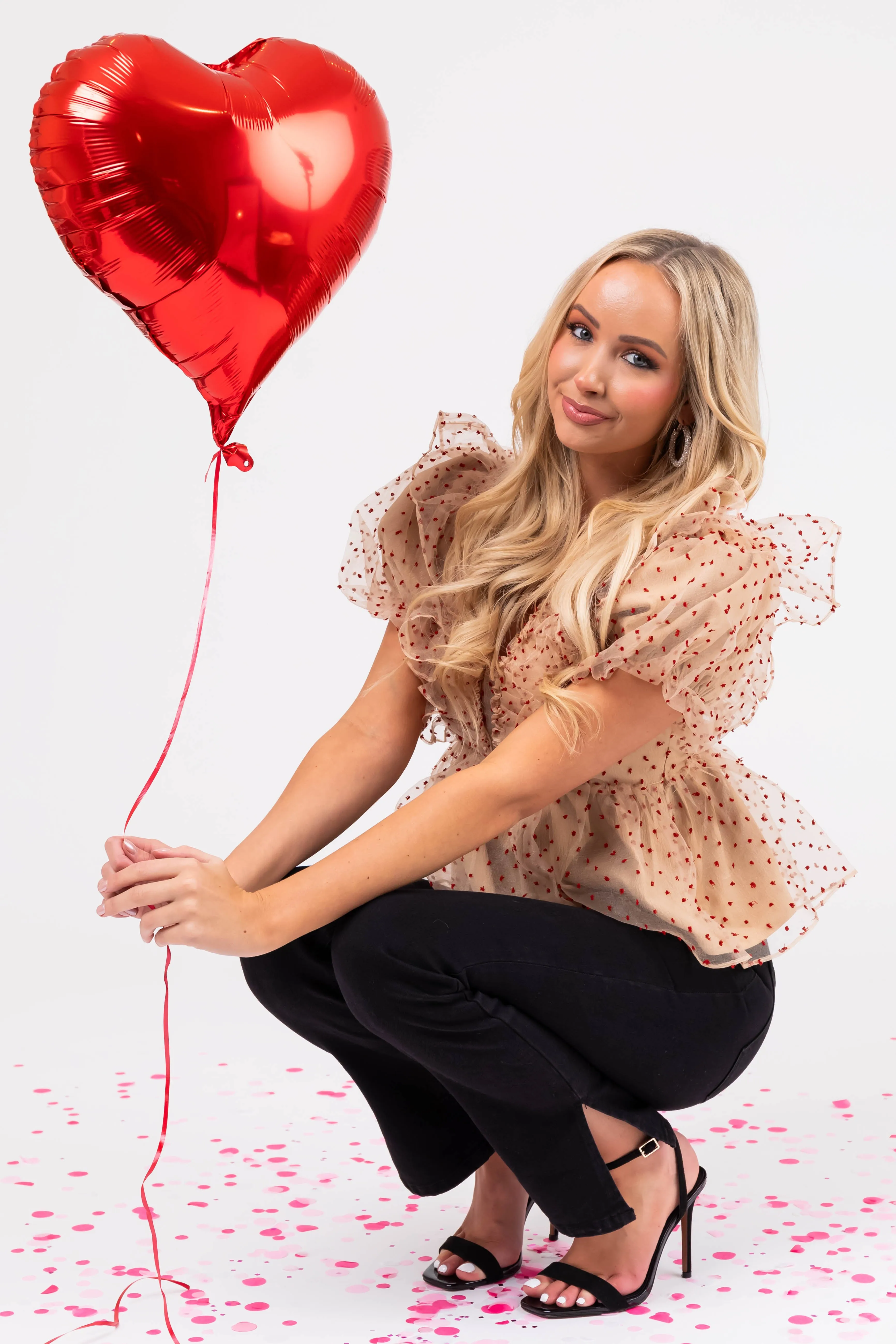 Beige and Ruby Dotted Tulle Short Sleeve Top sold by Lime Lush product image thumbnail 3