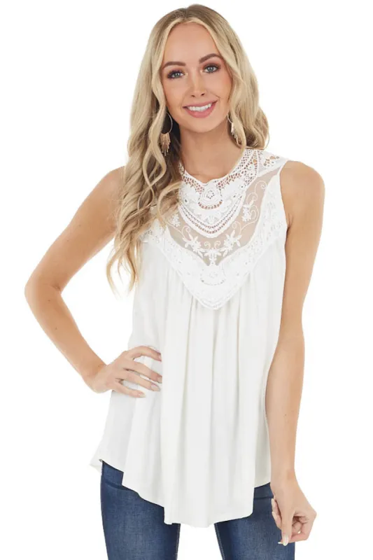 Off White Flowy Sleeveless Top with Sheer Crochet Detail sold by Lime Lush