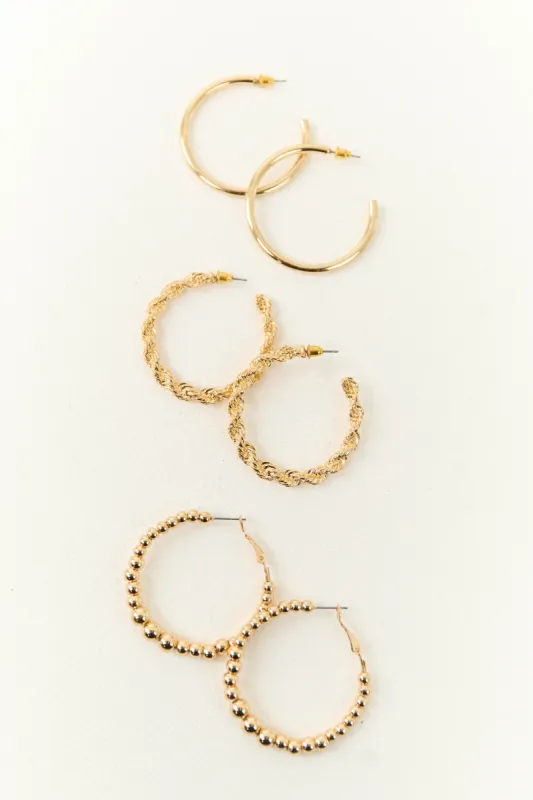 Gold Metallic 3 Piece Textured Hoop Earrings sold by Lime Lush