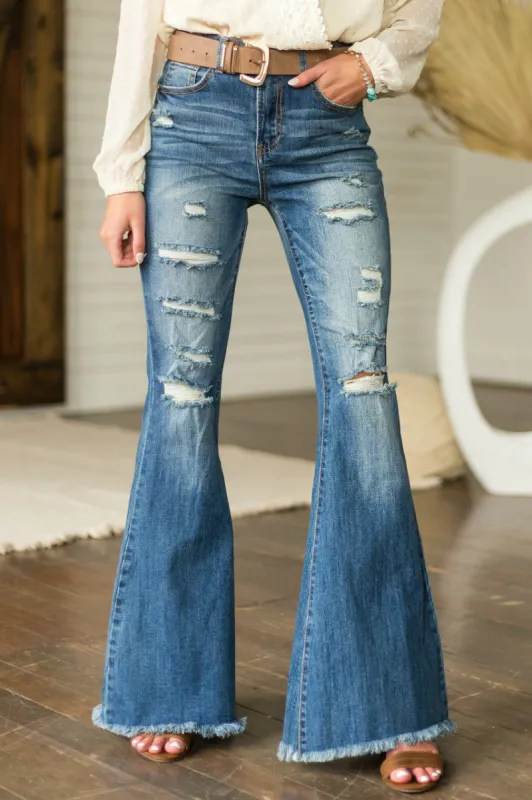 Special A Medium Wash Frayed Hem High Rise Flare Jeans sold by Lime Lush