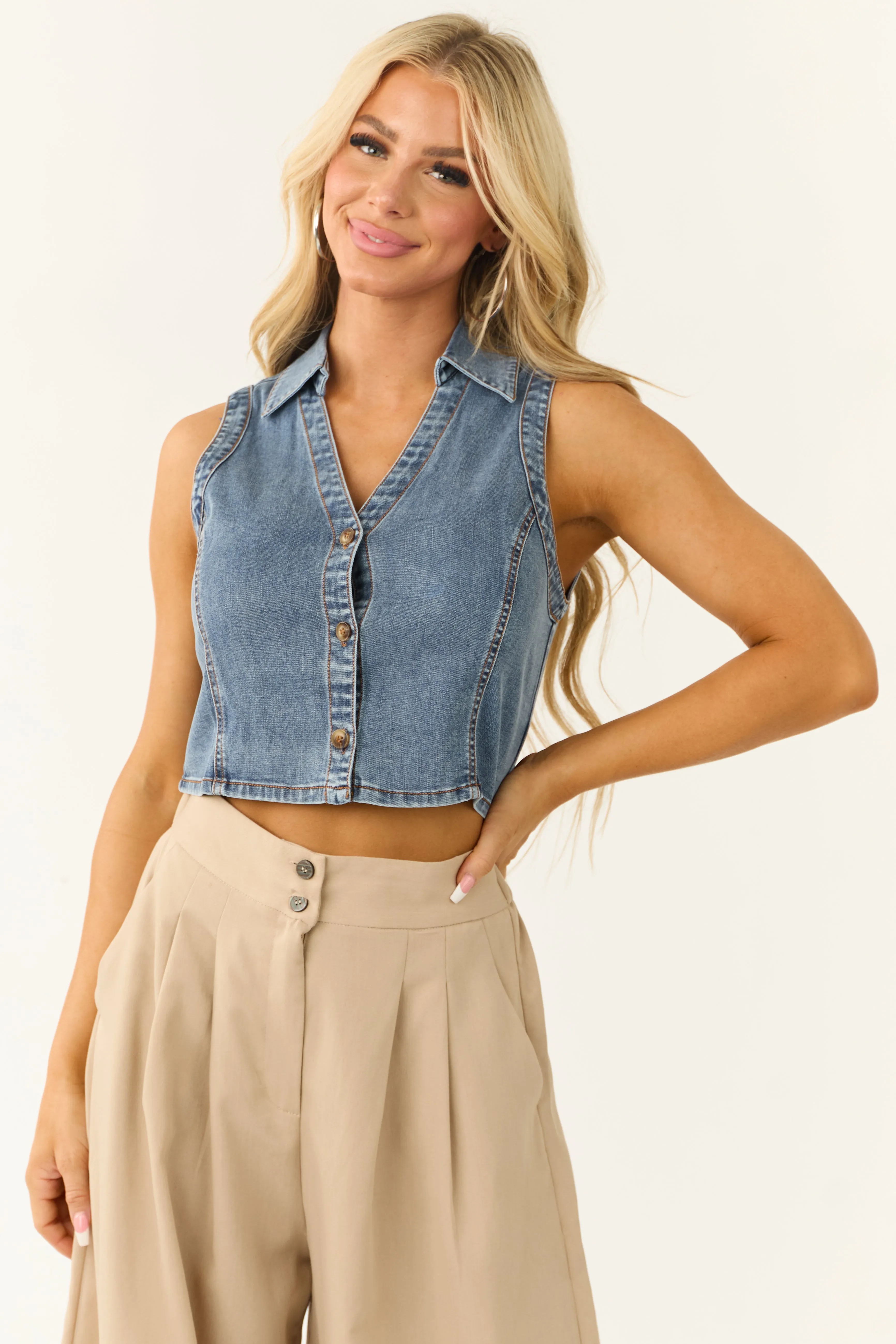Medium Wash Denim Button Down Collared Vest sold by Lime Lush
