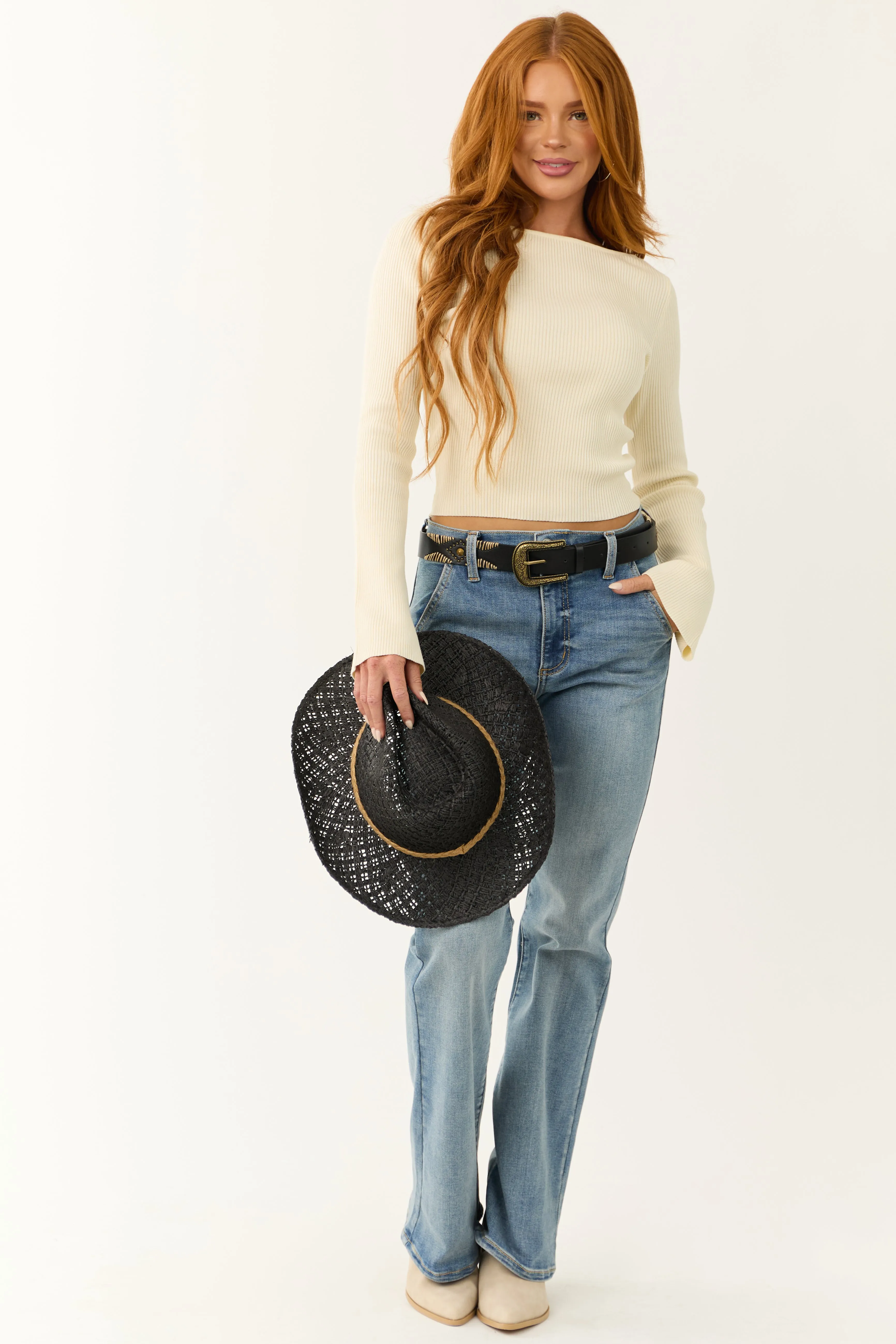 Cream Open Back Long Flare Sleeve Sweater sold by Lime Lush product image thumbnail 4