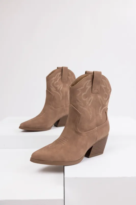 Walnut Western Stitching Detail Ankle Booties sold by Lime Lush