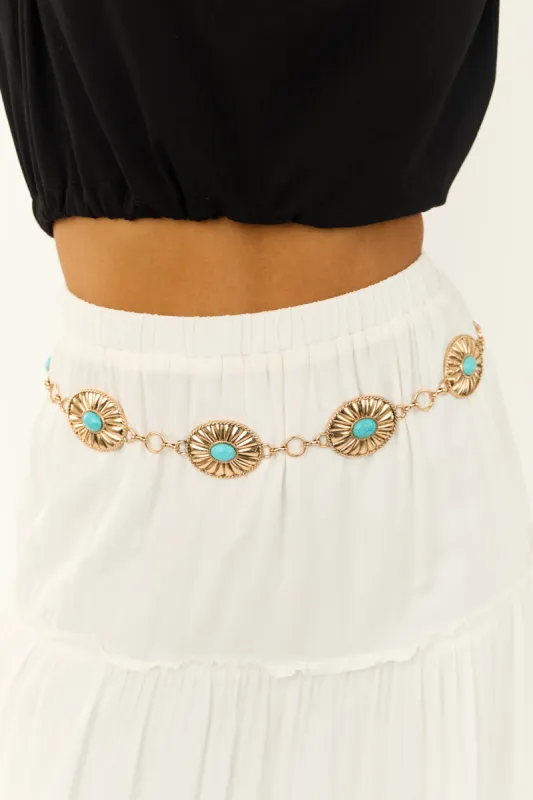 Gold Flower with Turquoise Inlay Western Chain Belt sold by Lime Lush