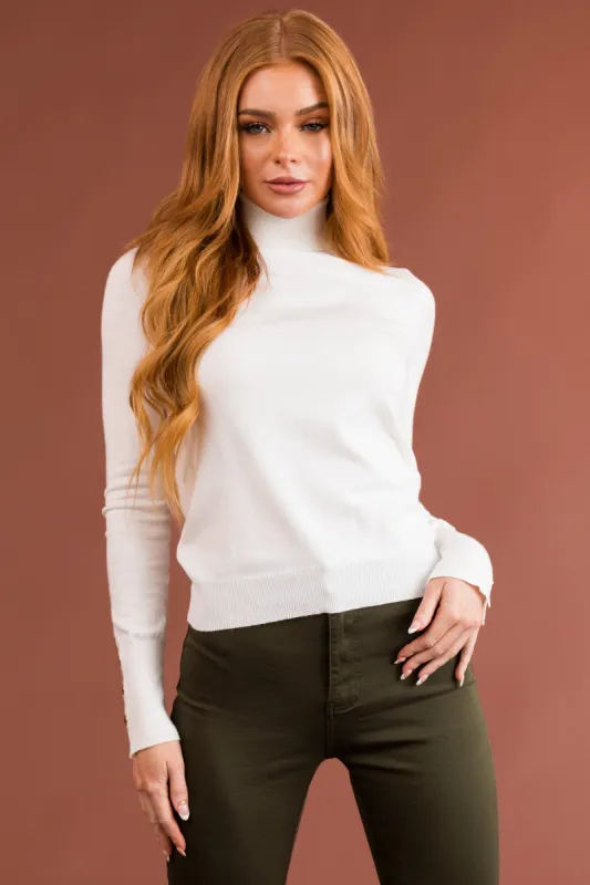 Off White Turtleneck Button Cuff Fitted Top sold by Lime Lush