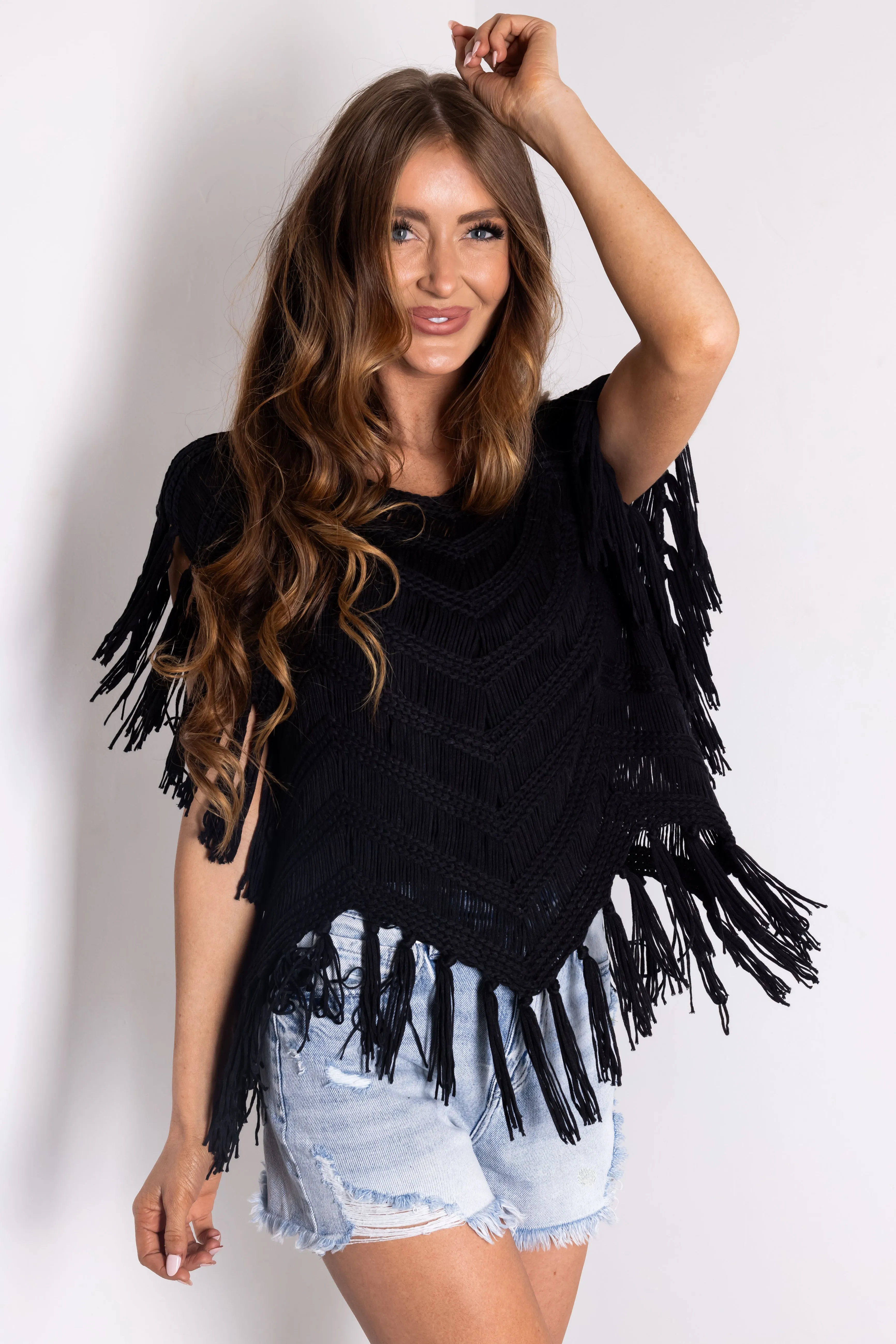 Black Chenille Crochet Fringe Oversized Top sold by Lime Lush