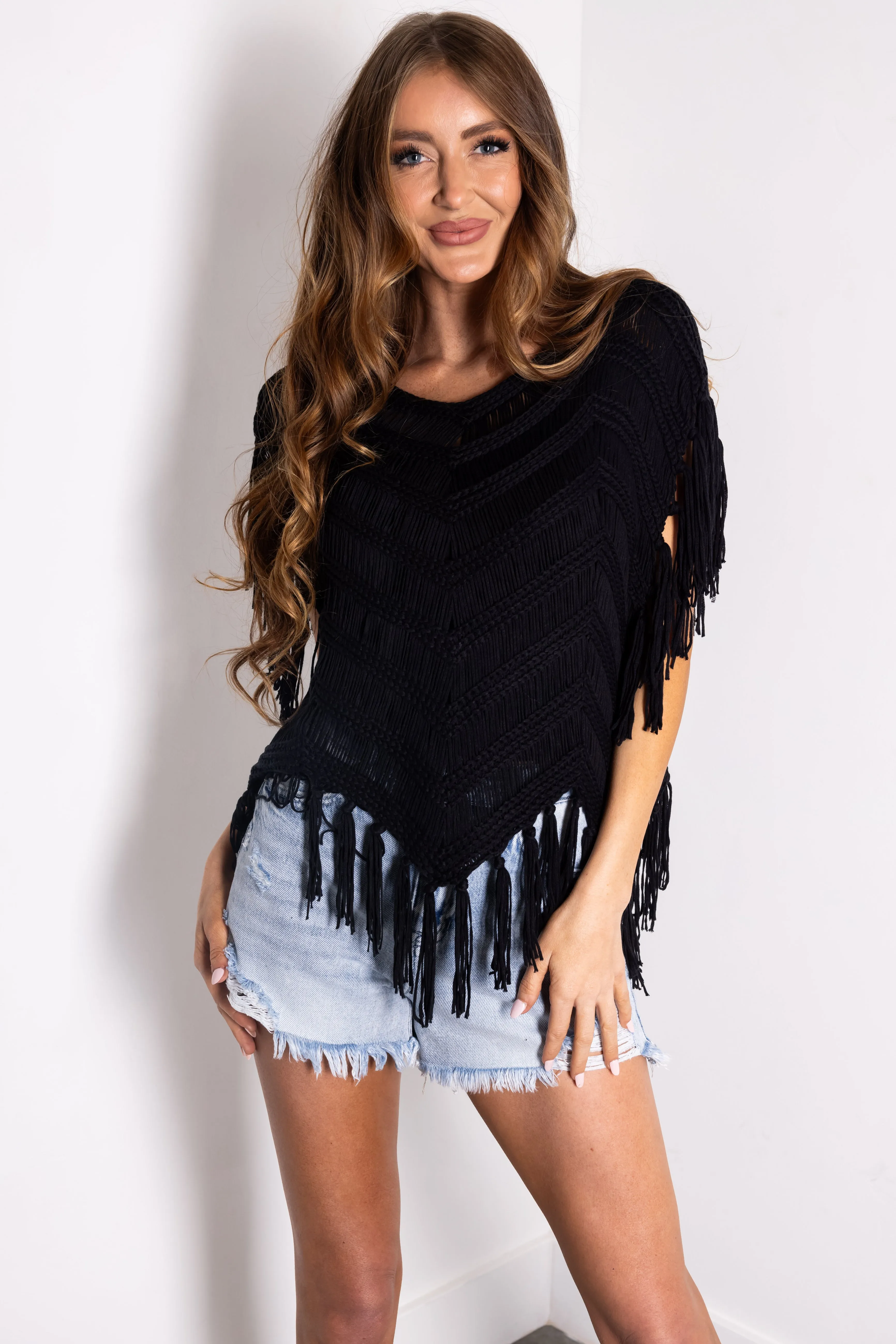 Black Chenille Crochet Fringe Oversized Top sold by Lime Lush product image thumbnail 2